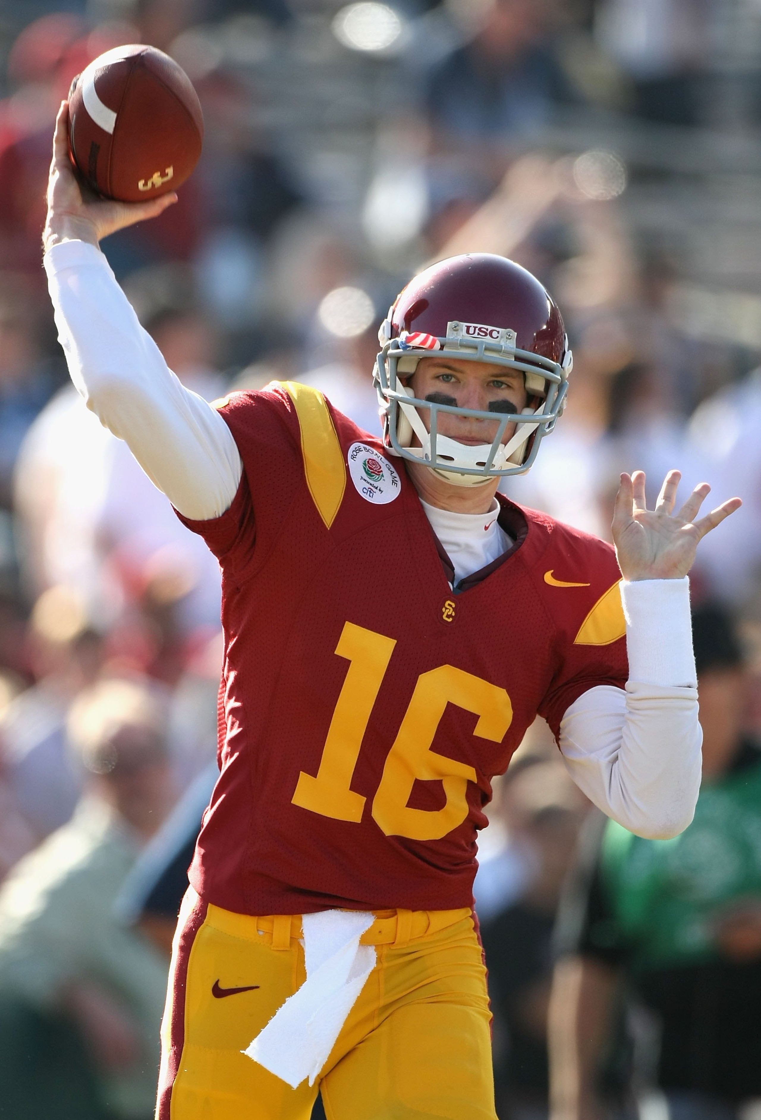 PASADENA, CA - JANUARY 01: Quarterback Mitch Mustain #16 of the USC Trojans warms up before the 95th Rose Bowl Game presented by Citi against the Penn State Nittany Lions at the Rose Bowl on January 1, 2009 in Pasadena, California. The Trojans defeated t PASADENA, CA - JANUARY 01: Quarterback Mitch Mustain #16 of the USC Trojans warms up before the 95th Rose Bowl Game presented by Citi against the Penn State Nittany Lions at the Rose Bowl on January 1, 2009 in Pasadena, California. The Trojans defeated t