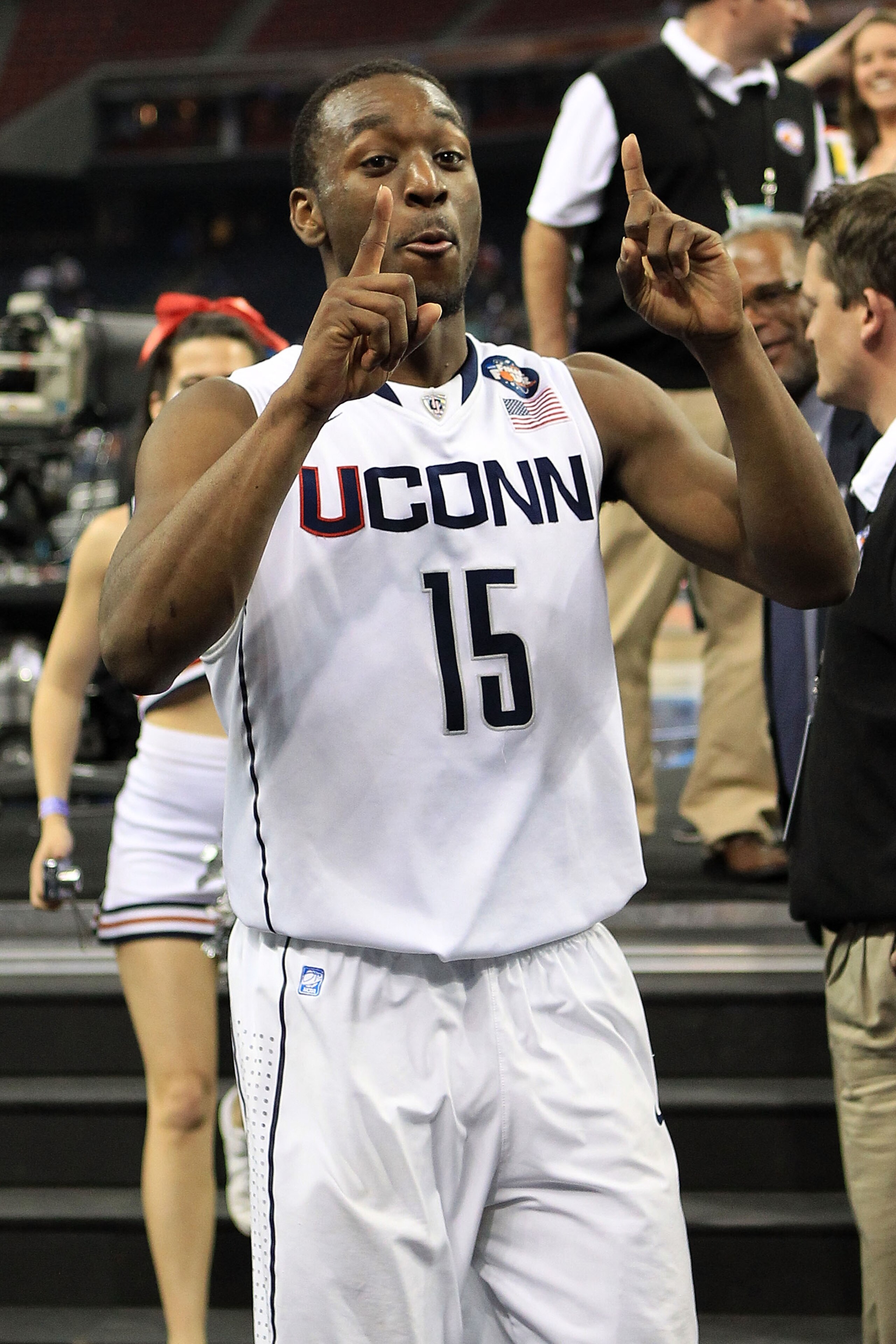 HOUSTON, TX - APRIL 02:  Kemba Walker #15 of the Connecticut Huskies celebrates after defeating the Kentucky Wildcats during the National Semifinal game of the 2011 NCAA Division I Men's Basketball Championship at Reliant Stadium on April 2, 2011 in Houst