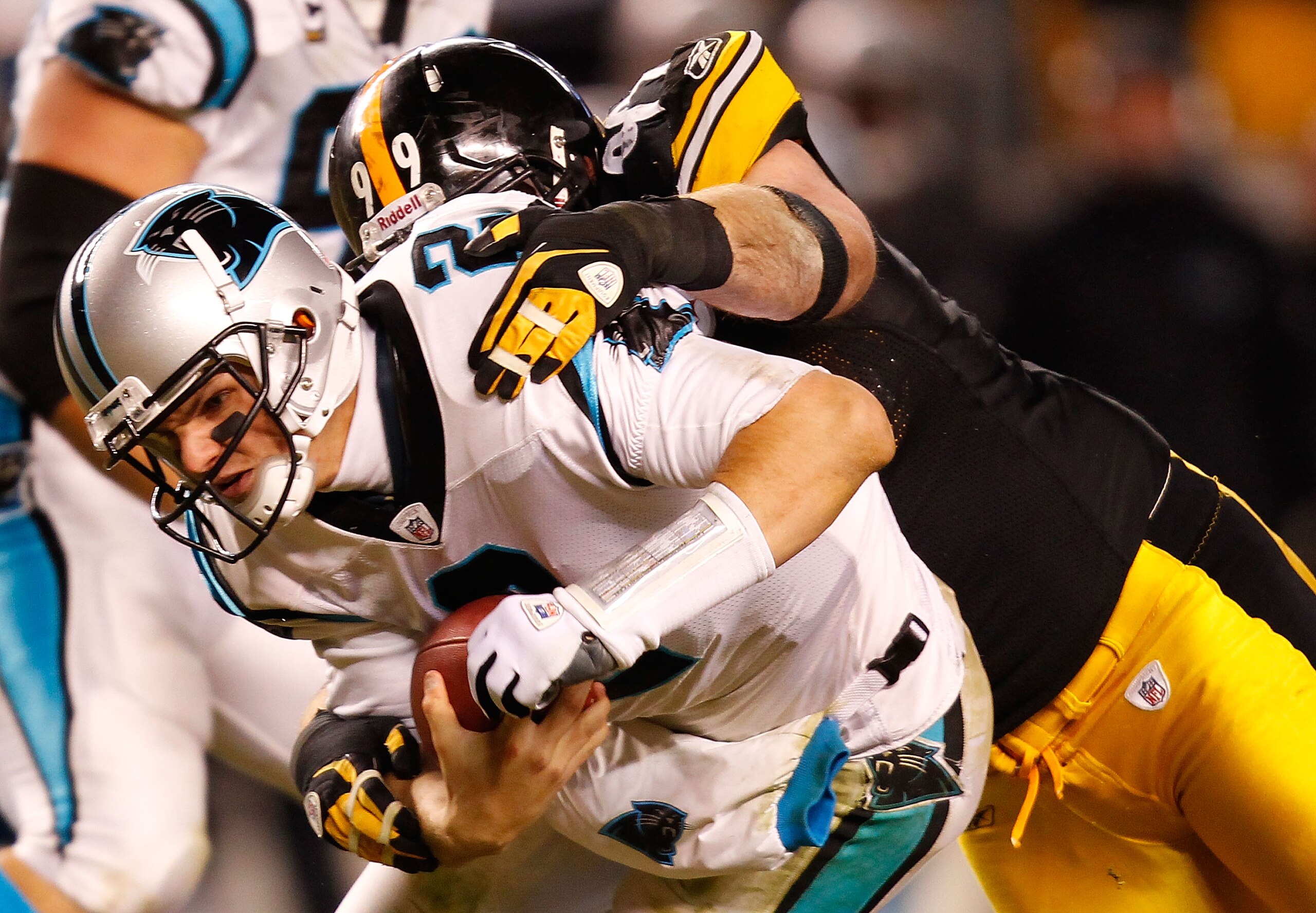 PITTSBURGH - DECEMBER 23: Jimmy Clausen #2 of the Carolina Panthers is sacked by Brett Keisel #99 of the Pittsburgh Steelers during the game on December 23, 2010 at Heinz Field in Pittsburgh, Pennsylvania. (Photo by Jared Wickerham/Getty Images) PITTSBURGH - DECEMBER 23: Jimmy Clausen #2 of the Carolina Panthers is sacked by Brett Keisel #99 of the Pittsburgh Steelers during the game on December 23, 2010 at Heinz Field in Pittsburgh, Pennsylvania. (Photo by Jared Wickerham/Getty Images)