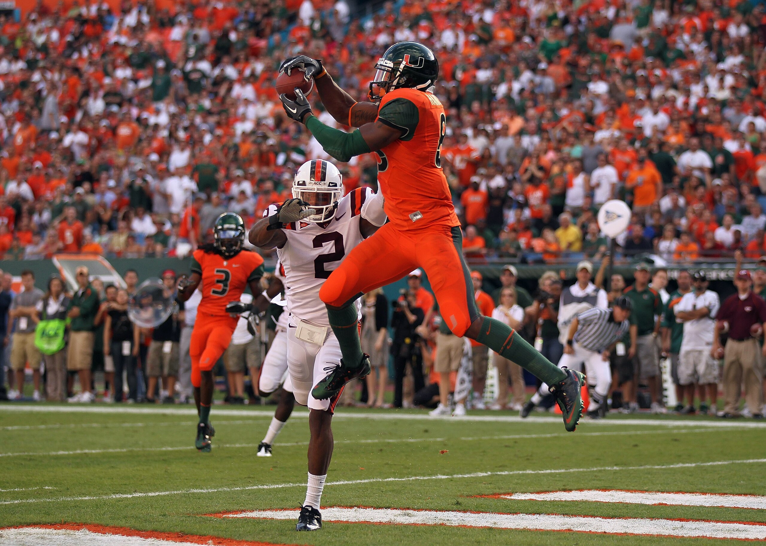 MIAMI - NOVEMBER 20: Leonard Hankerson #85 of the Miami Hurricanes catches a touchdown over Davon Morgan #2 of the Virginia Tech Hokies at Sun Life Stadium on November 20, 2010 in Miami, Florida. (Photo by Mike Ehrmann/Getty Images) MIAMI - NOVEMBER 20: Leonard Hankerson #85 of the Miami Hurricanes catches a touchdown over Davon Morgan #2 of the Virginia Tech Hokies at Sun Life Stadium on November 20, 2010 in Miami, Florida. (Photo by Mike Ehrmann/Getty Images)