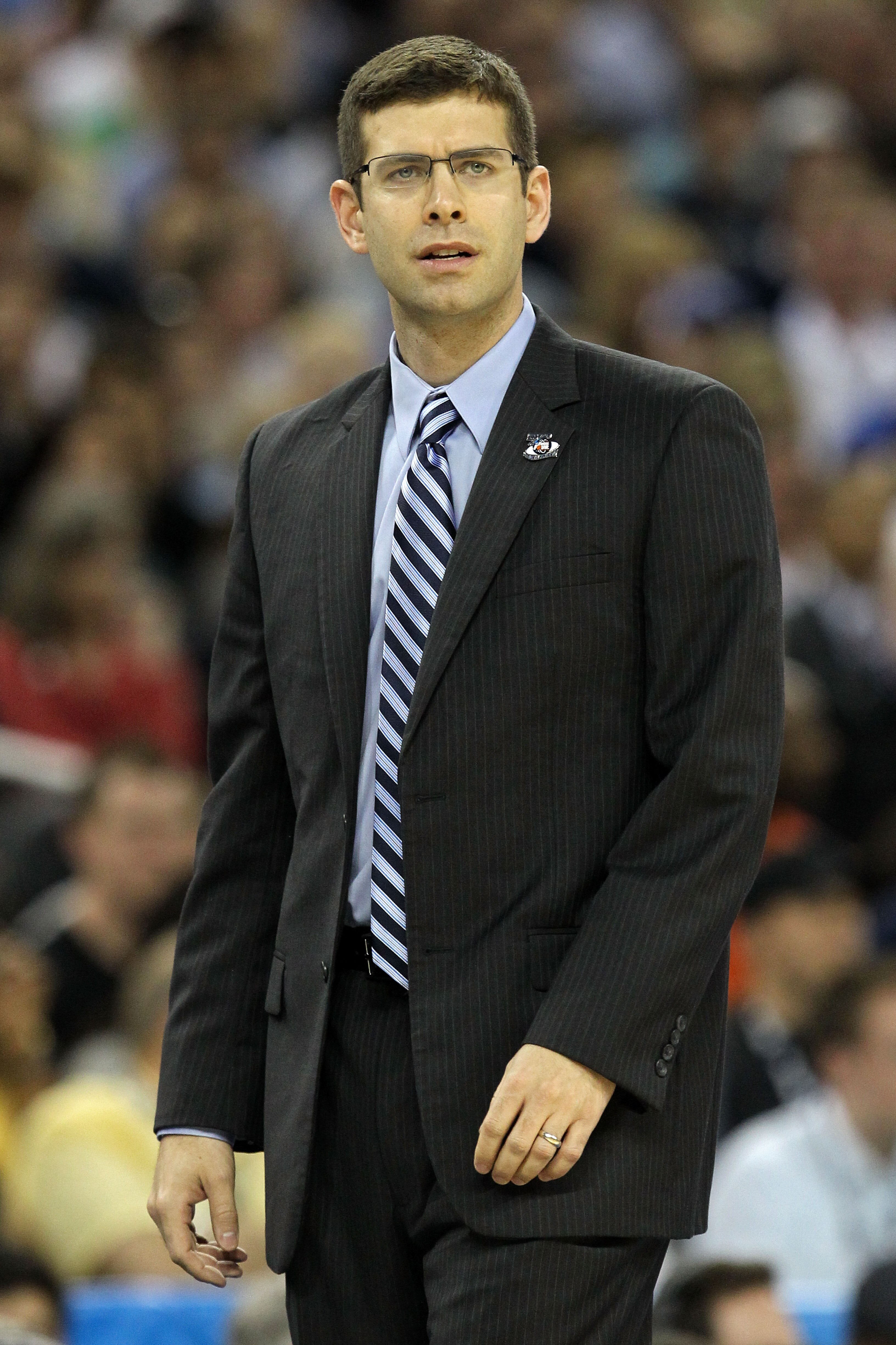 HOUSTON, TX - APRIL 02:  Head coach Brad Stevens of the Butler Bulldogs looks on from the sidelines against the Virginia Commonwealth Rams during the National Semifinal game of the 2011 NCAA Division I Men's Basketball Championship at Reliant Stadium on A