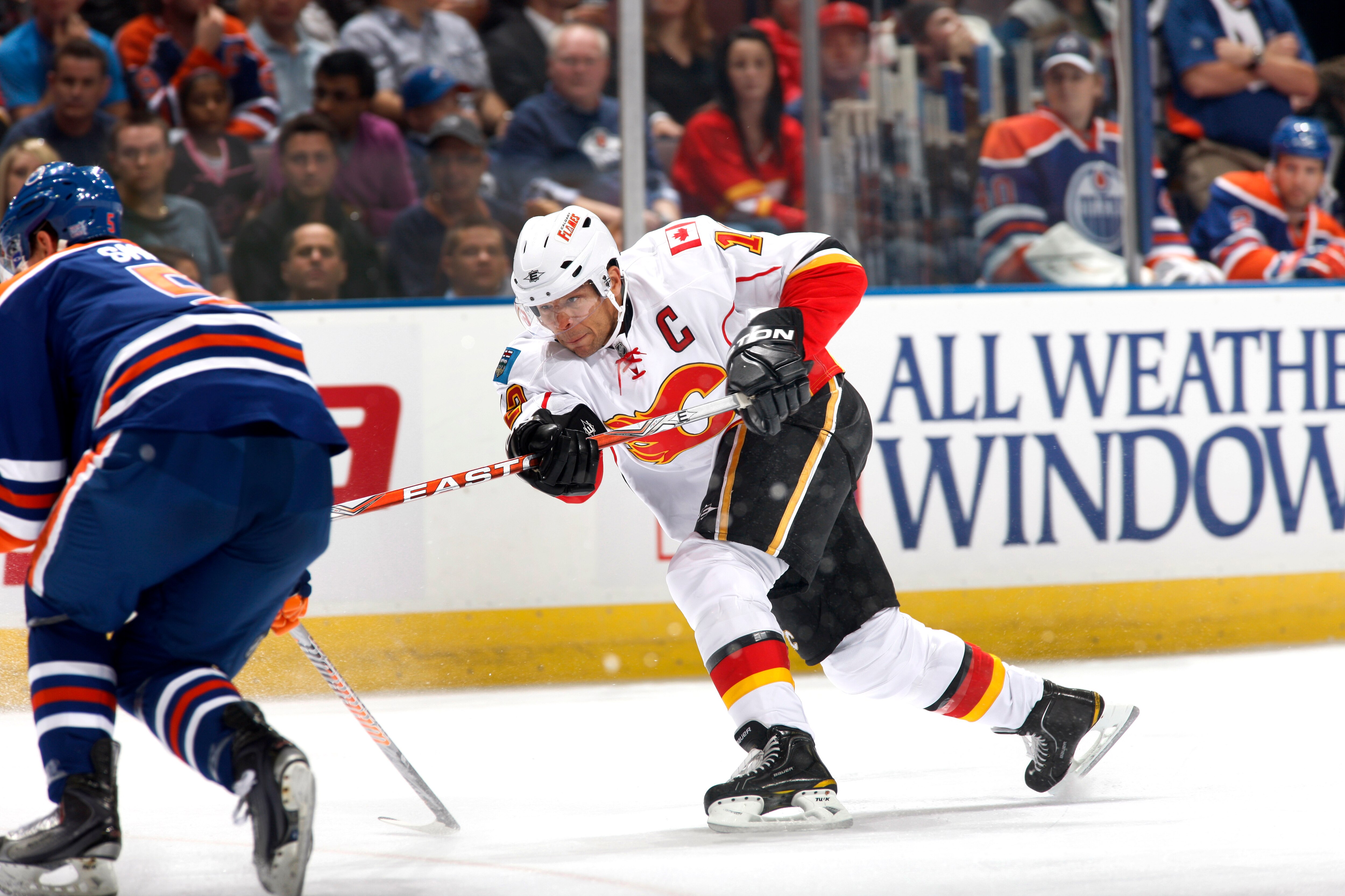 EDMONTON, CANADA - OCTOBER 7: Right wing Jarome Iginla #12 of the Calgary Flames shoots on net against the Edmonton Oilers in first-period action at Rexall Place October 7, 2010 in Edmonton, Alberta, Canada. (Photo by Dale MacMillan/Getty Images)