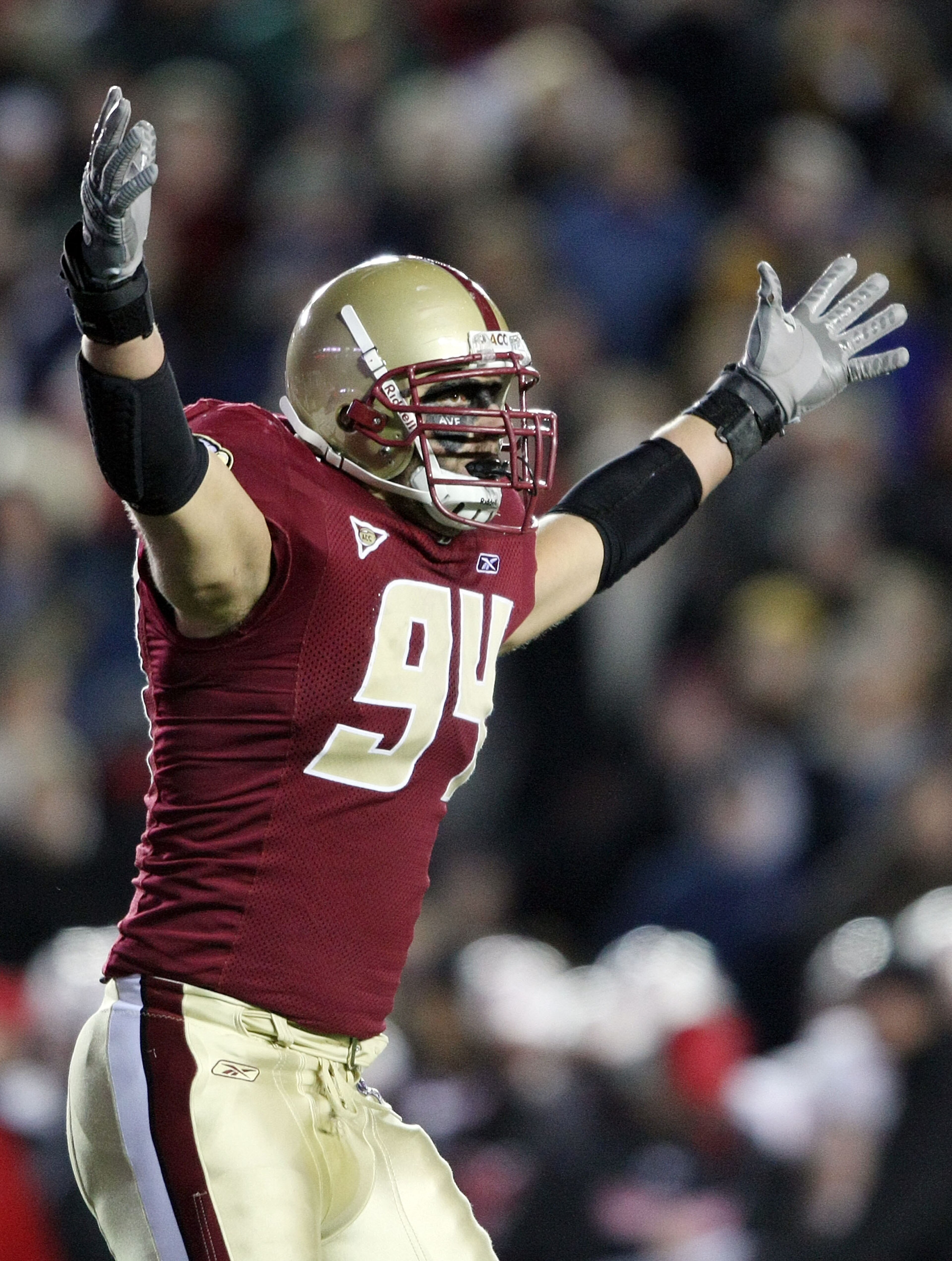 CHESTNUT HILL, MA - NOVEMBER 29: Mark Herzlich #94 of the Boston College Eagles tries to get the crowd going in the third quarter against the Maryland Terrapins on November 29, 2008 at Alumni Stadium in Chestnut Hill, Massachusetts. Boston College defeat CHESTNUT HILL, MA - NOVEMBER 29: Mark Herzlich #94 of the Boston College Eagles tries to get the crowd going in the third quarter against the Maryland Terrapins on November 29, 2008 at Alumni Stadium in Chestnut Hill, Massachusetts. Boston College defeat