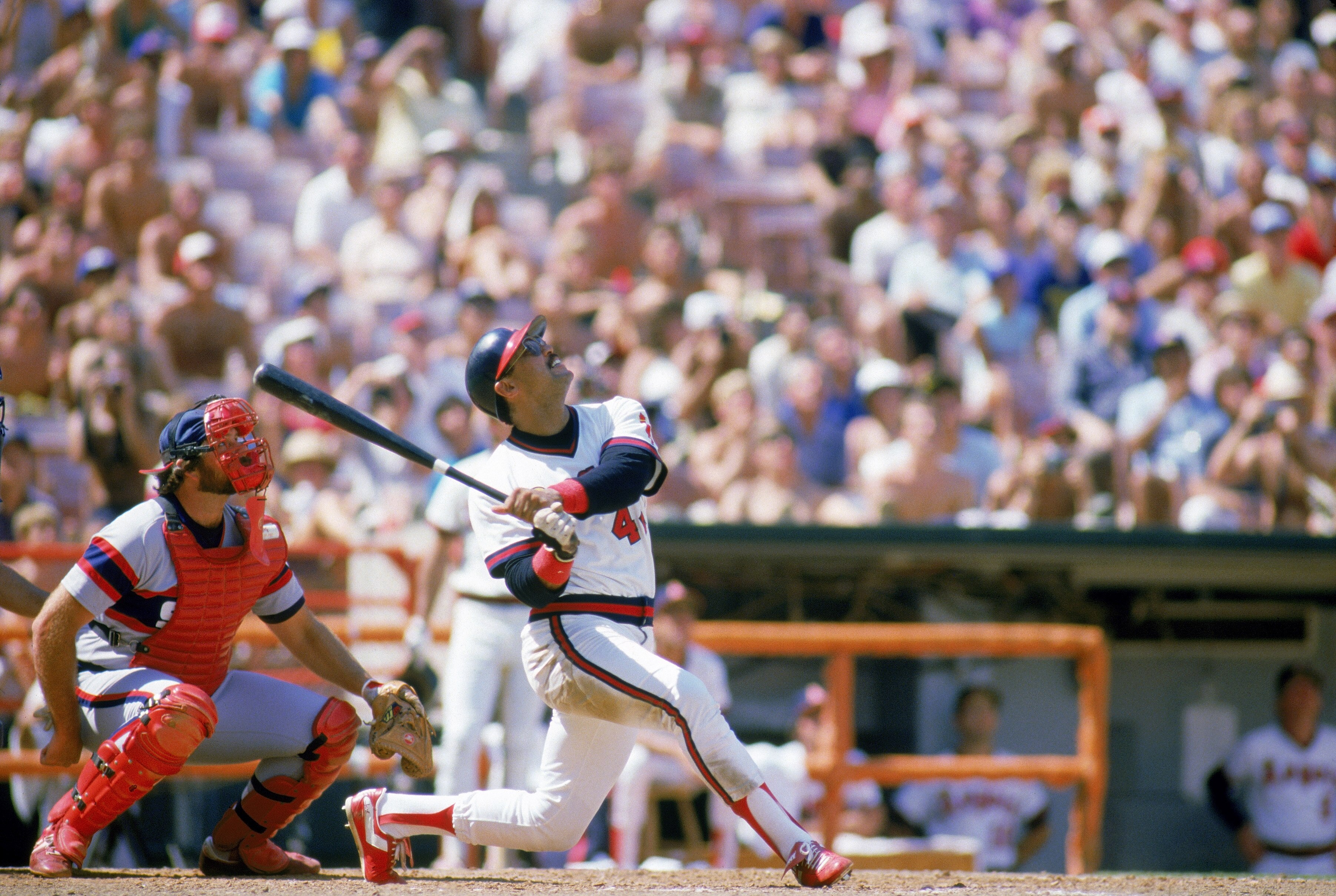 ANAHEIM, CA - 1985:  Reggie Jackson #44 of the California Angels watches his pop fly hit during a 1985 MLB game against the Chicago White Sox at Angel Stadium in Anaheim, California. (Photo by Getty Images)