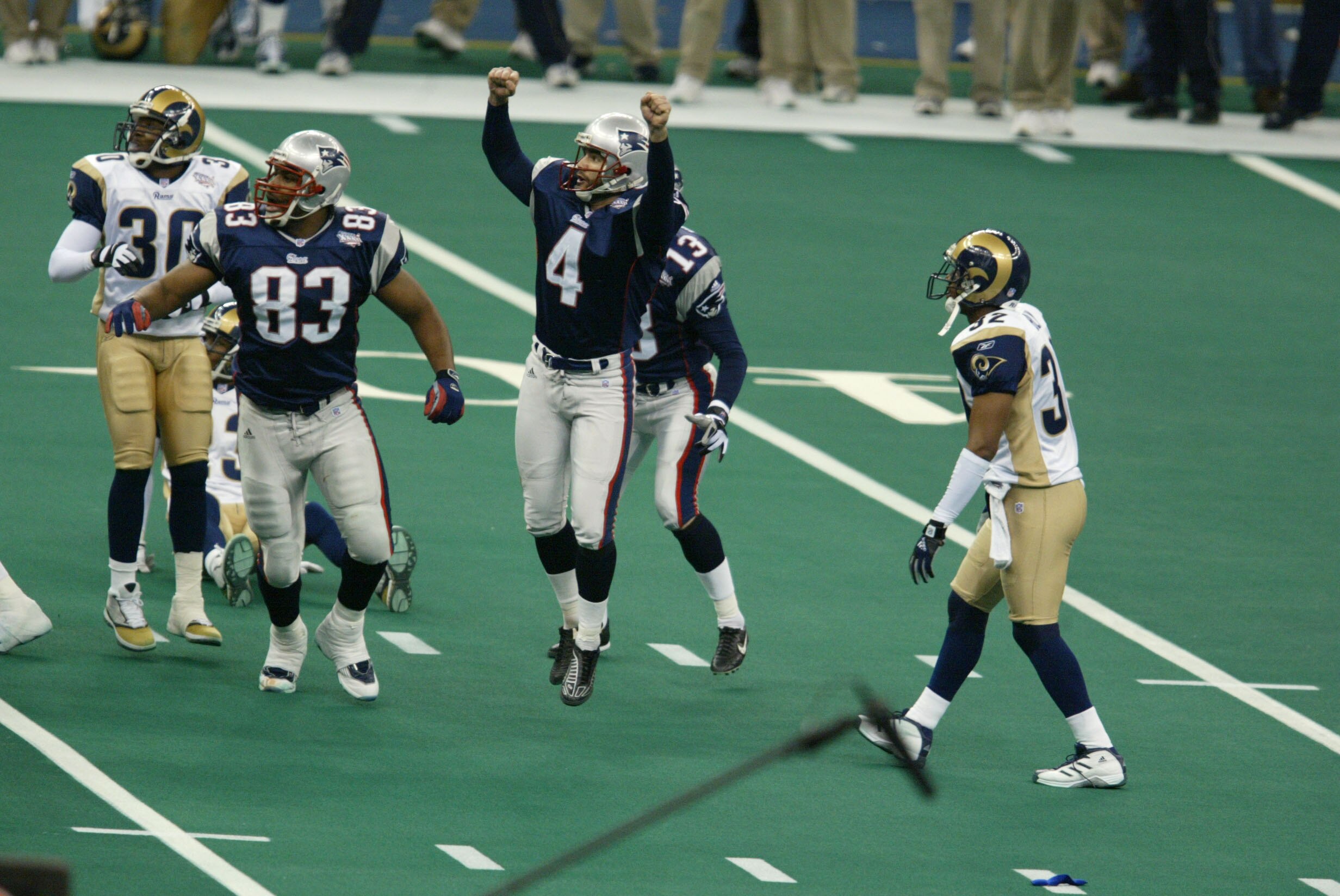 03 Feb 2002:   Adam Vinatieri #4 of the St.Louis Rams breaks into celebration after kicking the game winning field goal against the St.Louis Rams during Superbowl XXXVI at the Superdome in New Orleans, Louisiana.  The Patriots defeated the Rams 20-17. DIG