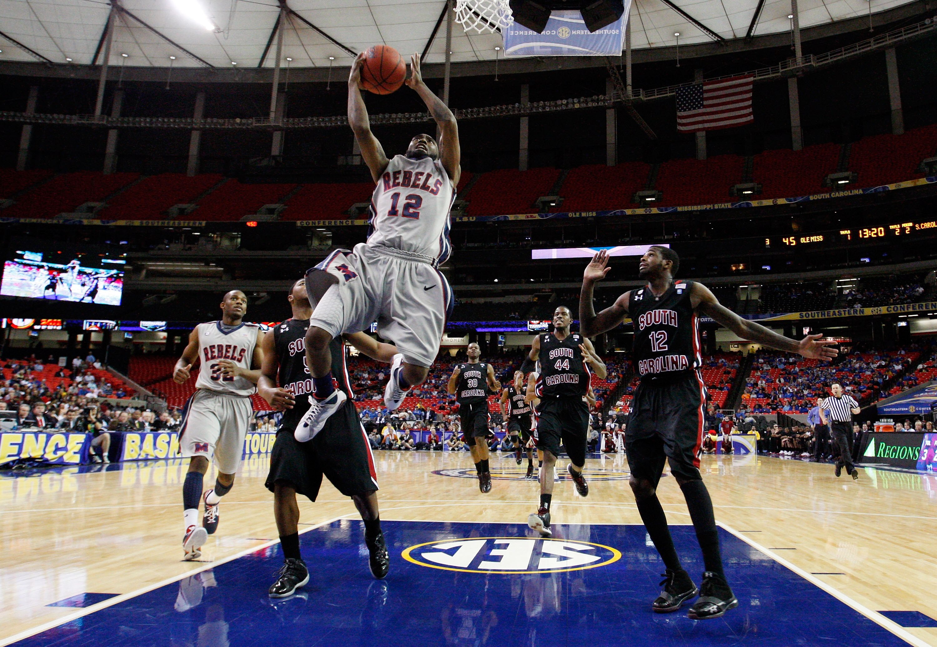 ATLANTA, GA - MARCH 10:  Chris Warren #12 of the Ole Miss Rebels shoots against the South Carolina Gamecocks during the first round of the SEC Men's Basketball Tournament at the Georgia Dome on March 10, 2011 in Atlanta, Georgia.  (Photo by Kevin C. Cox/G