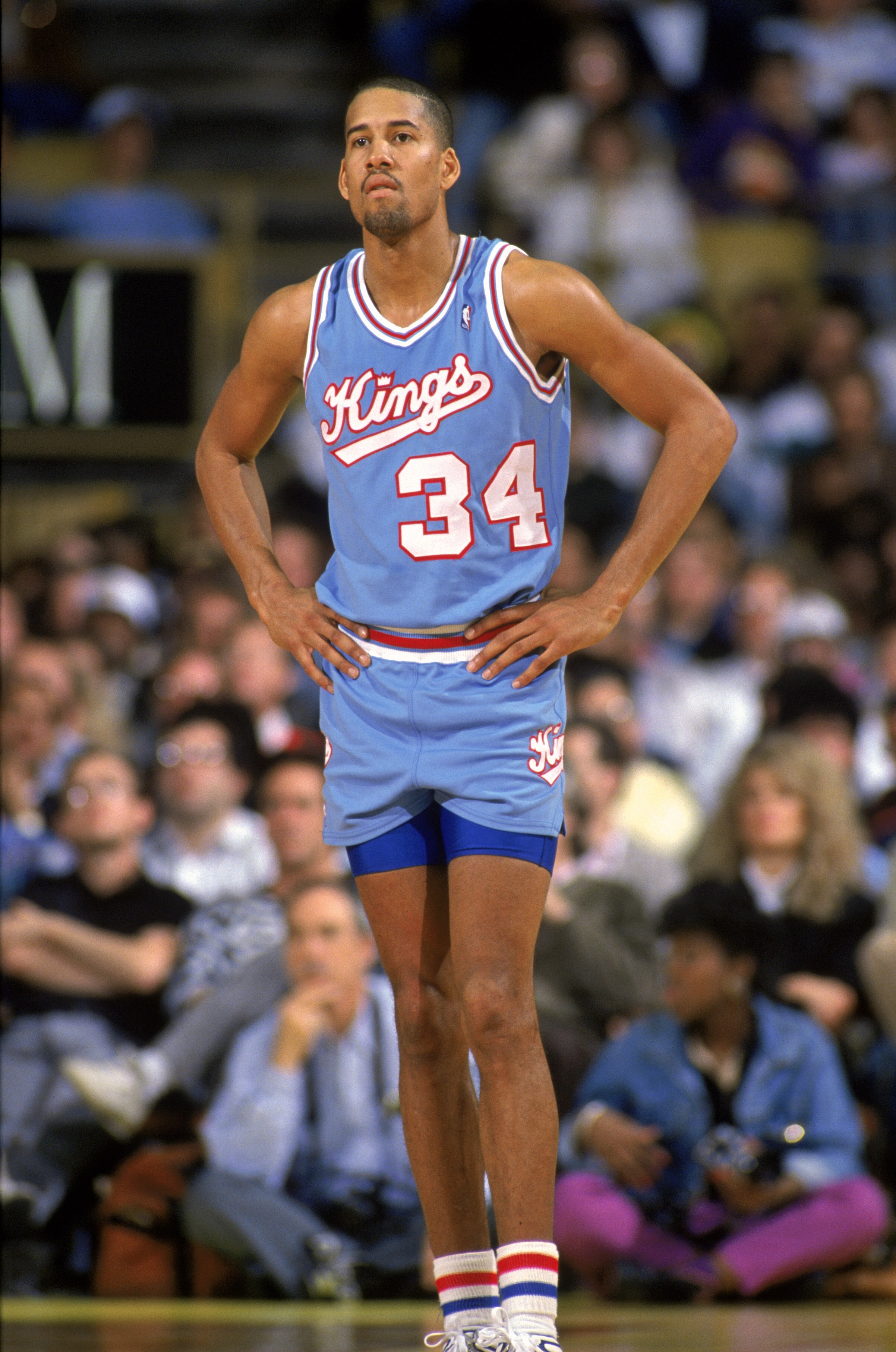 LOS ANGELES - 1988:  Ricky Berry #34 of the Sacramento Kings stands on the court during an NBA game at the Great Western Forum in Los Angeles, California in 1988.  (Photo by: Tim Defrisco/Getty Images)