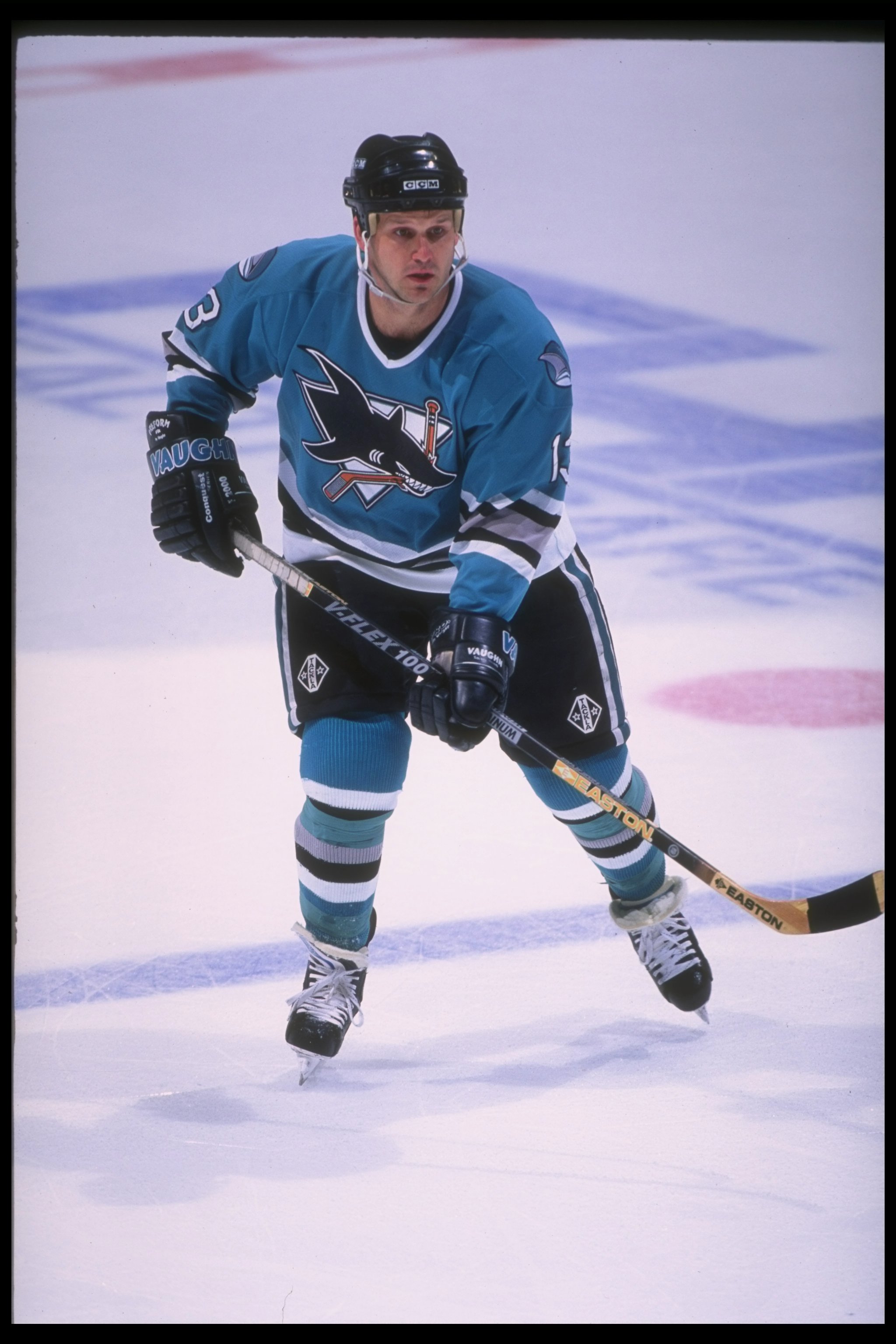 17 Apr 1995: Center Jamie Baker of the San Jose Sharks looks on during a game against the Anaheim Mighty Ducks at Arrowhead Pond in Anaheim, California. The Ducks won the game, 3-0.