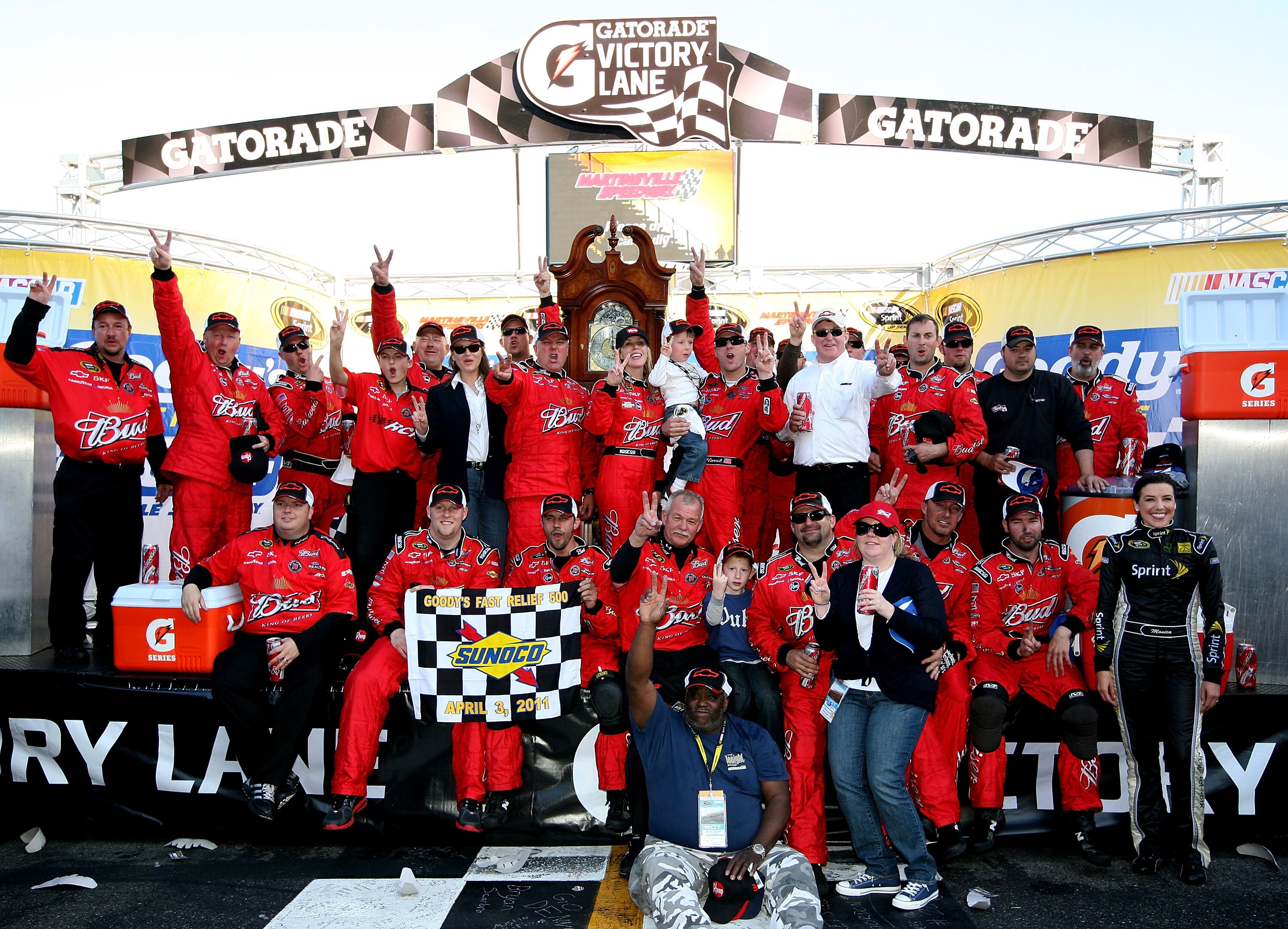 MARTINSVILLE, VA - APRIL 03:  Kevin Harvick, driver of the #29 Budweiser Chevrolet, poses in Victory Lane after winning the NASCAR Sprint Cup Series Goody's Fast Relief 500 at Martinsville Speedway on April 3, 2011 in Martinsville, Virginia.  (Photo by Je
