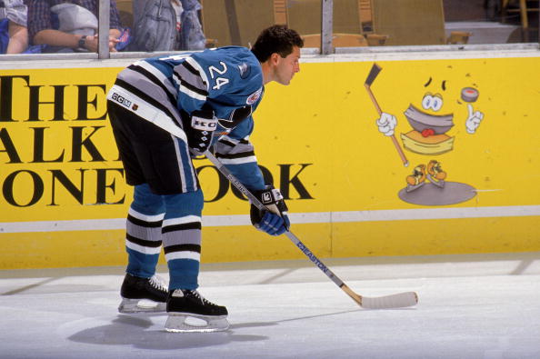 OCTOBER 23:  Defense Doug Wilson #24 of the San Jose Sharks warms up prior to a game on October 23, 1992 against the Buffalo Sabres.  (Photo by Harry Scull Jr./Getty Images)