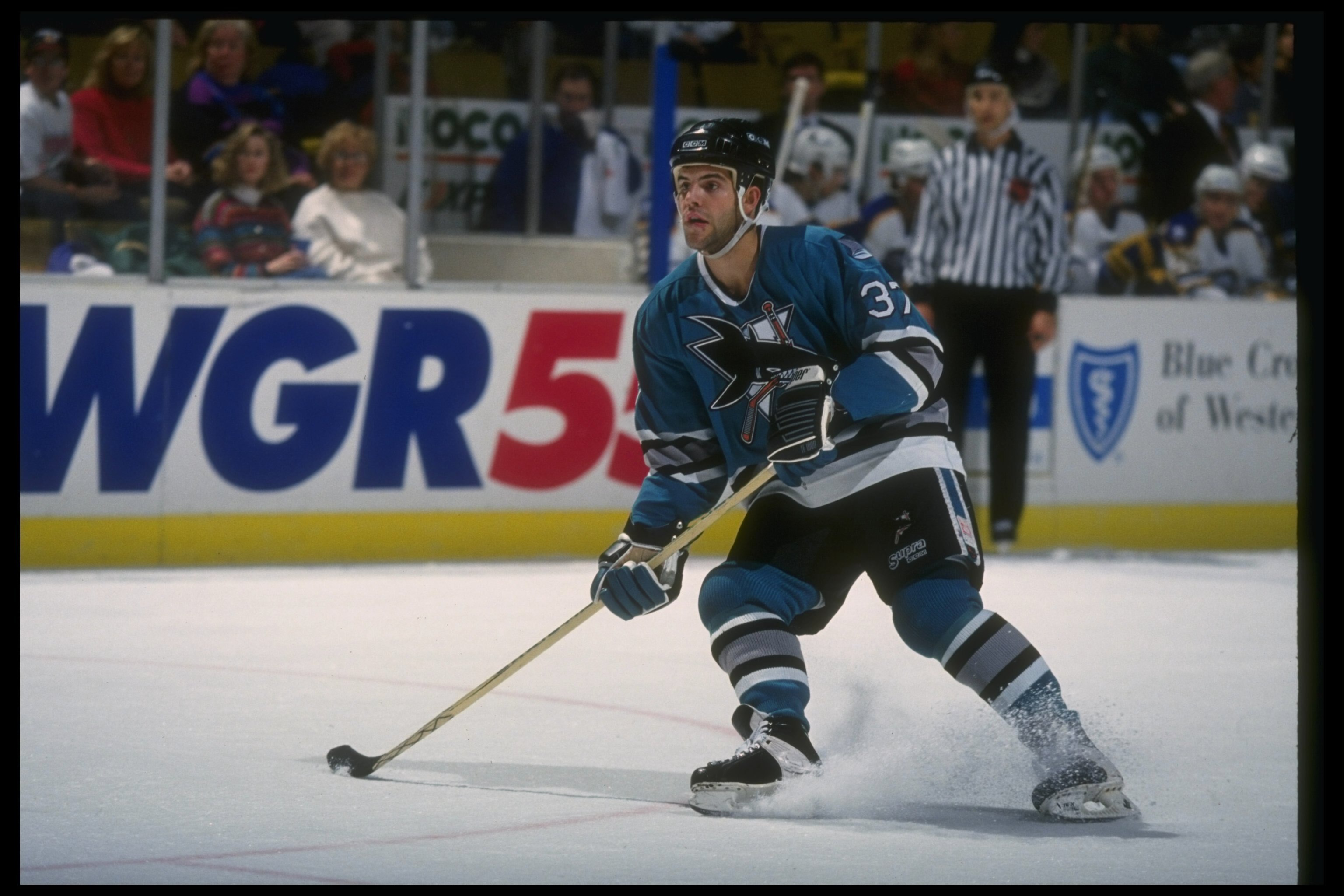 21 Nov 1993: Rightwinger Rob Gaudreau of the San Jose Sharks moves down the ice during a game against the Buffalo Sabres at Memorial Auditorium in Buffalo, New York.