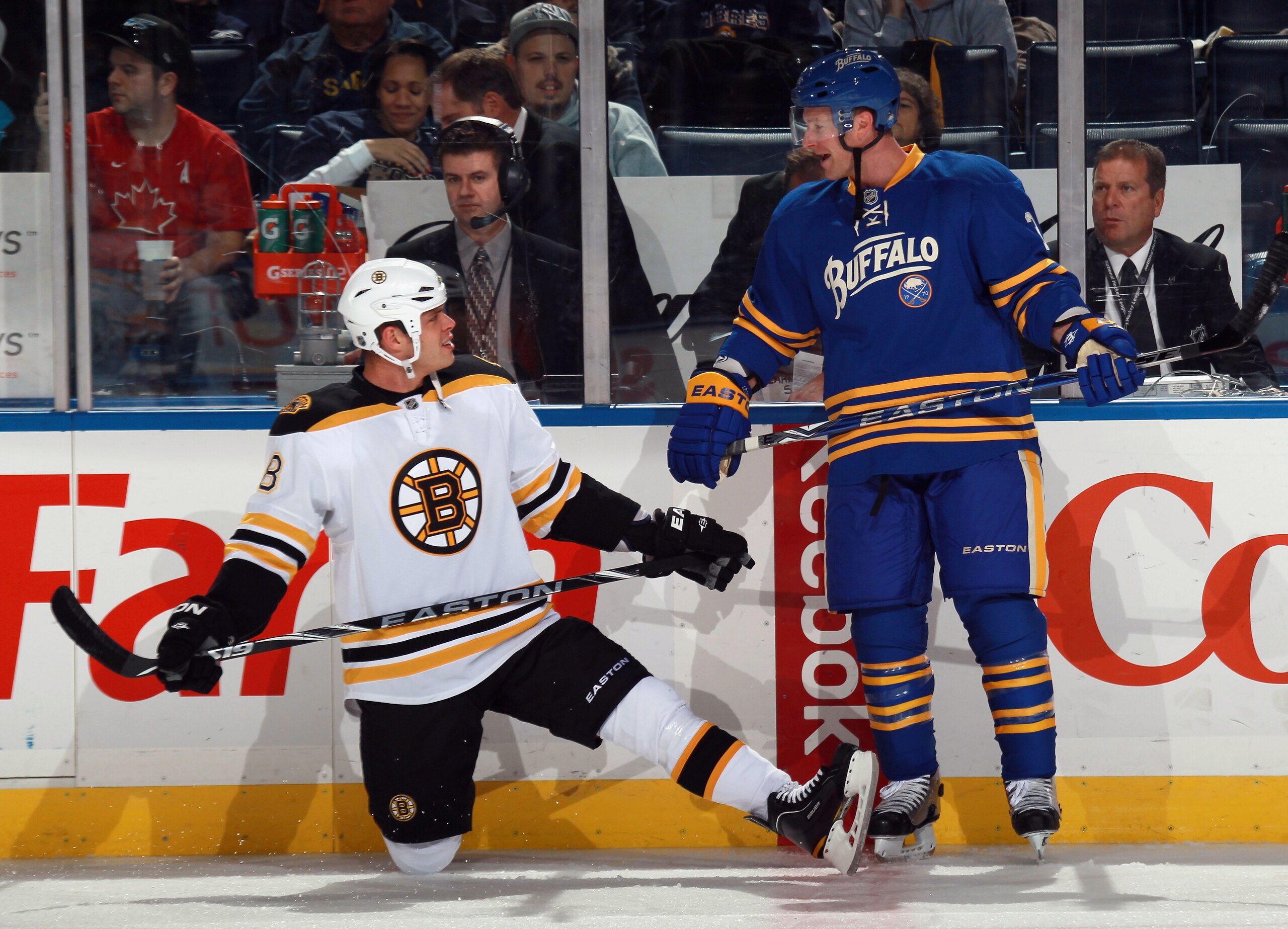 BUFFALO, NY - NOVEMBER 03: Nathan Horton #18 of the Boston Bruins talks with Jordan Leopold #3 of the Buffalo Sabres during warmups at the HSBC Arena on November 3, 2010 in Buffalo, New York. The Bruins defeated the Sabres 5-2. (Photo by Bruce Bennett/Get