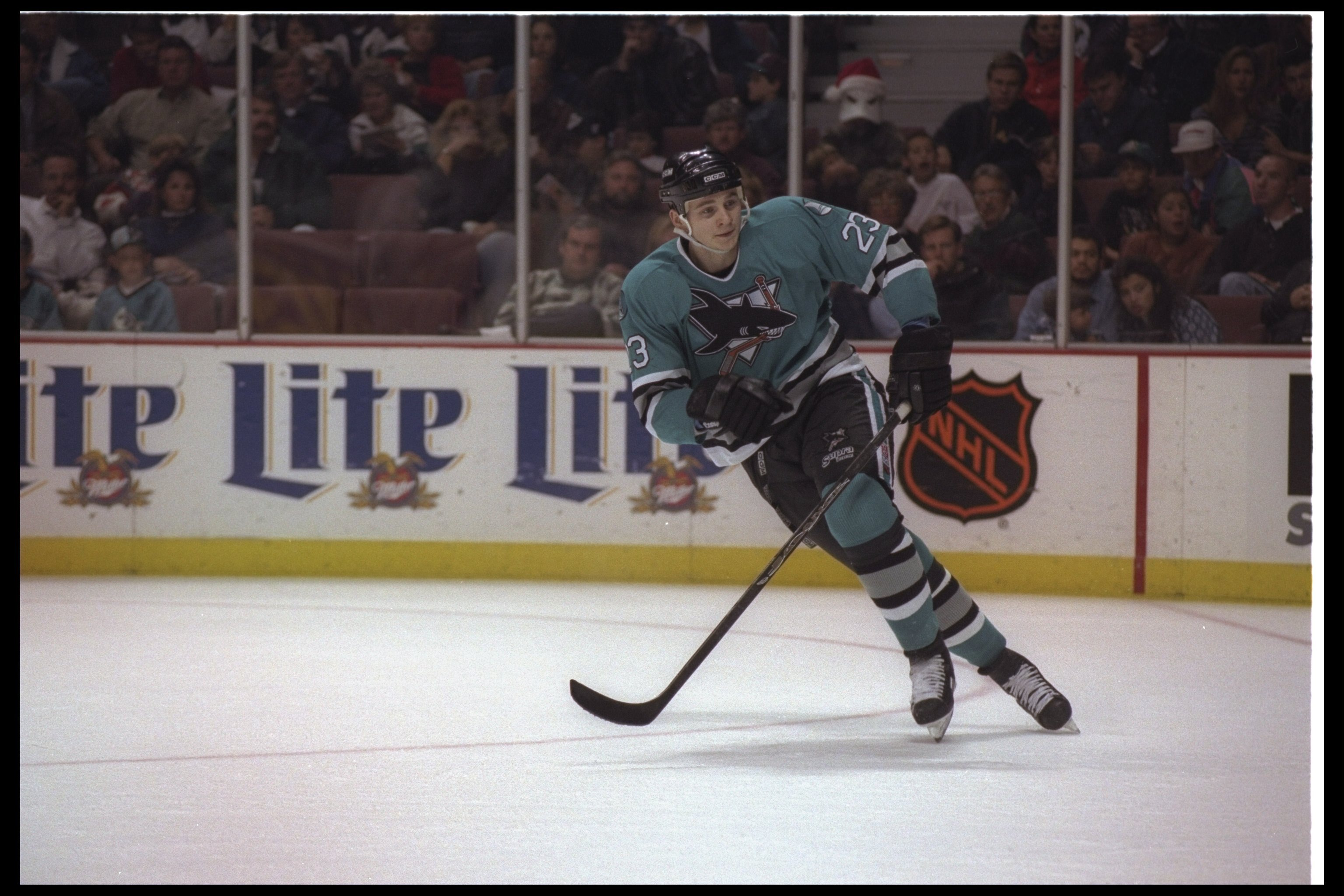 19 Dec 1995: Rightwinger Andrei Nazarov of the San Jose Sharks moves down the ice during a game against the Anaheim Mighty Ducks at Arrowhead Pond in Anaheim, California. The Sharks won the game, 7-4.
