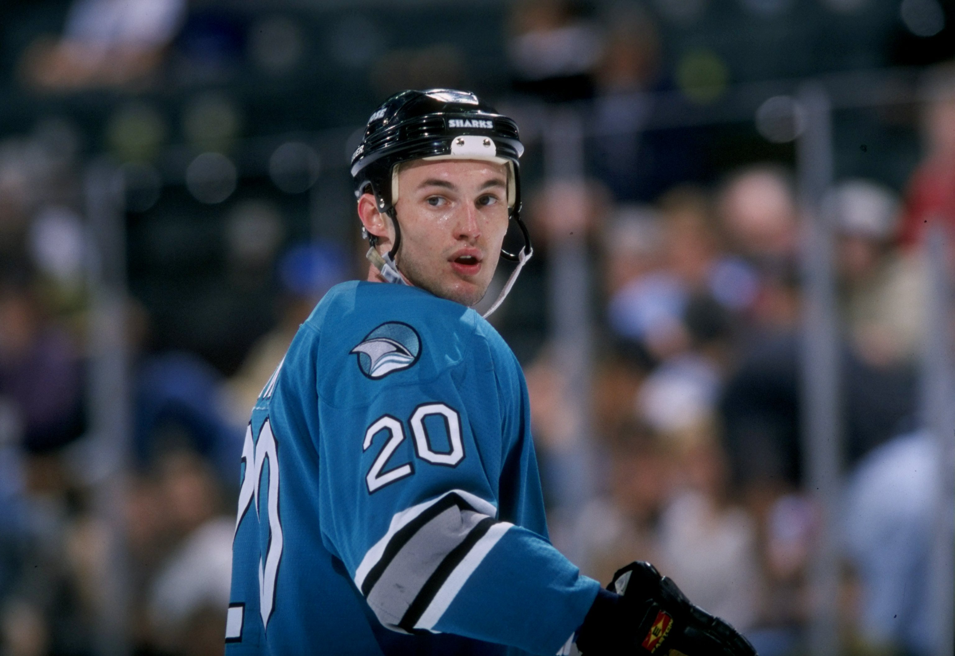 28 Mar 1998:  Defenseman Andrei Zyuzin of the San Jose Sharks in action during a game against the Dallas Stars at Reunion Arena in Dallas, Texas. The Sharks defeated the Stars 4-1. Mandatory Credit: Stephen Dunn  /Allsport
