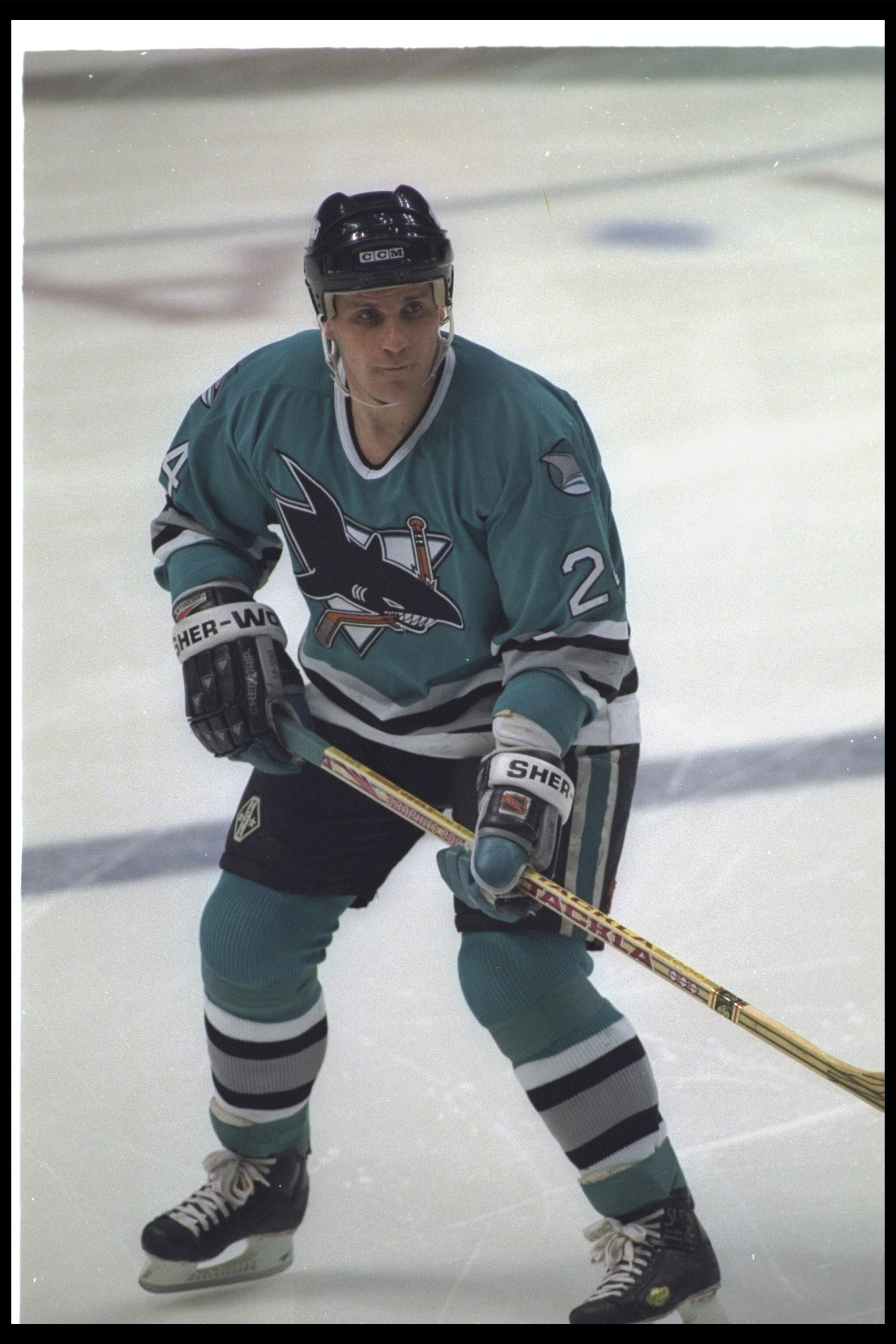 12 Jan 1994: Rightwinger Sergei Makarov of the San Jose Sharks looks on during a game against the Anaheim Mighty Ducks at Arrowhead Pond in Anaheim, California.
