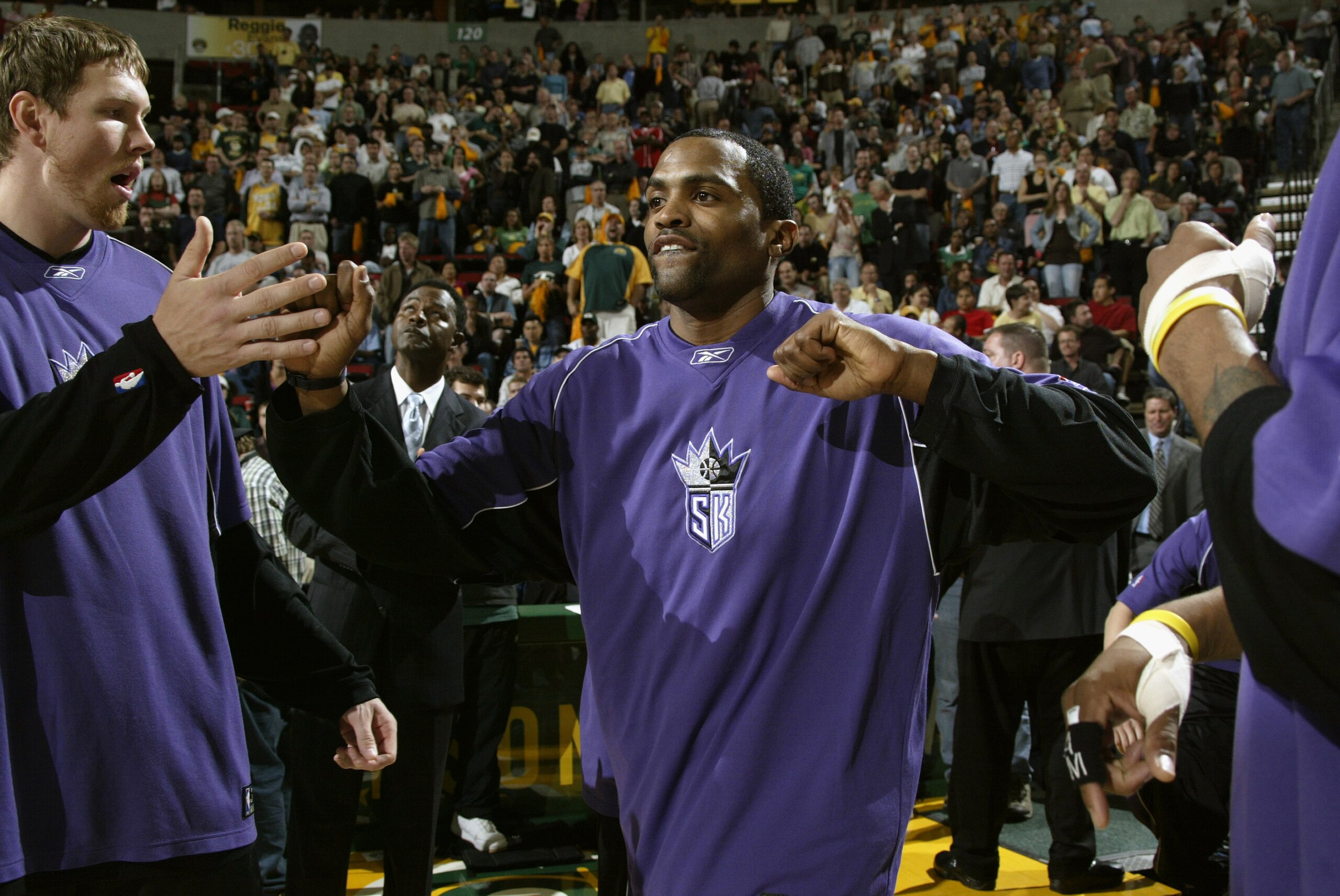 SEATTLE - MAY 3:  Cuttino Mobley #3 of the Sacramento Kings is introduced to the fans before Game five of the Western Conference Quarterfinals against the Seattle Sonics during the 2005 NBA Playoffs at Key Arena on May 3, 2005 in Seattle, Washington.  The