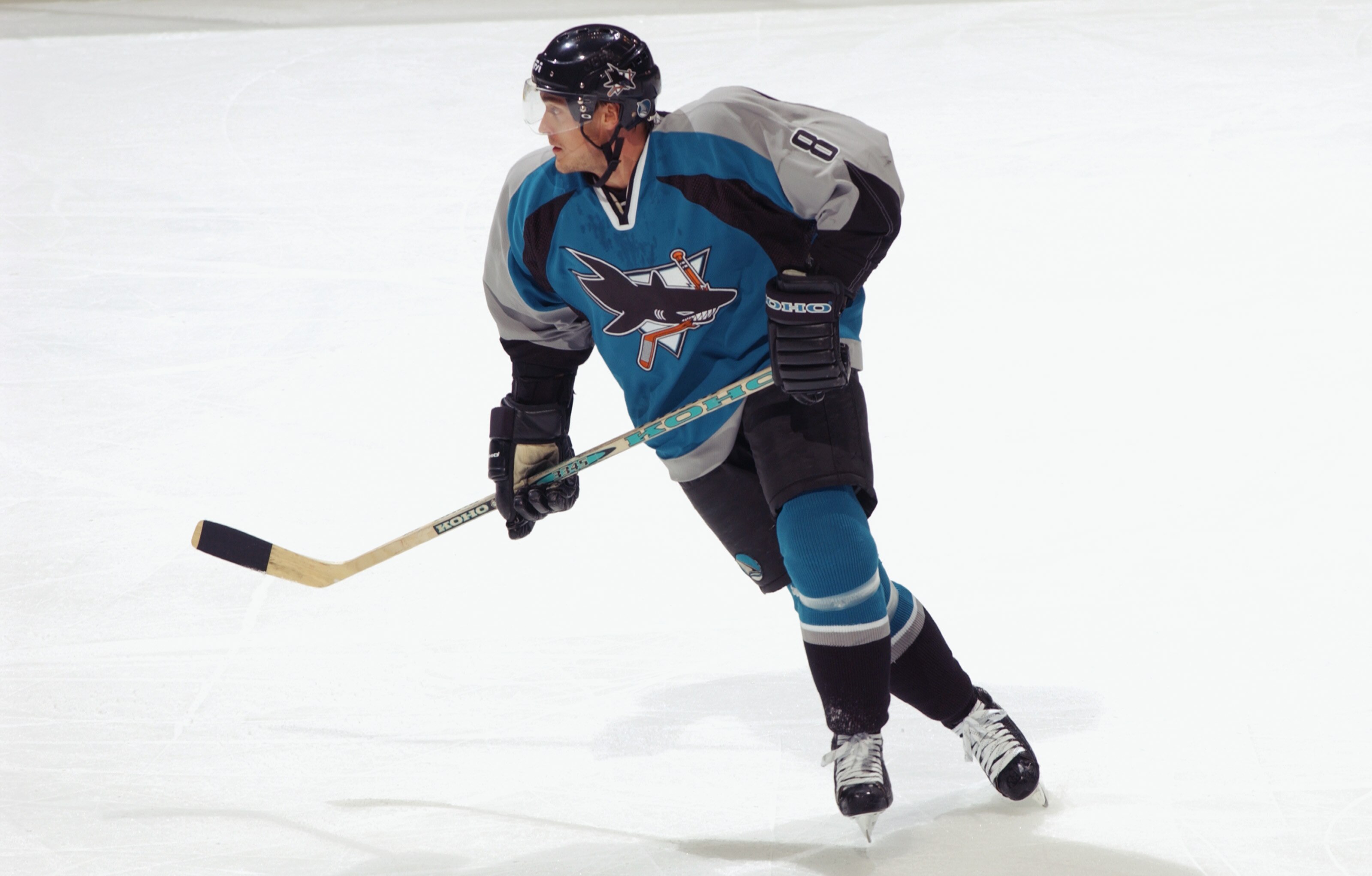 WASHINGTON, D.C. - NOVEMBER 19:  Right wing Teemu Selanne #8 of the San Jose Sharks skates against the Washington Capitals during the NHL game at the MCI Center on November 19, 2002 in Washington D.C.  The Sharks won 3-2.  (Photo by Doug Pensinger/Getty I