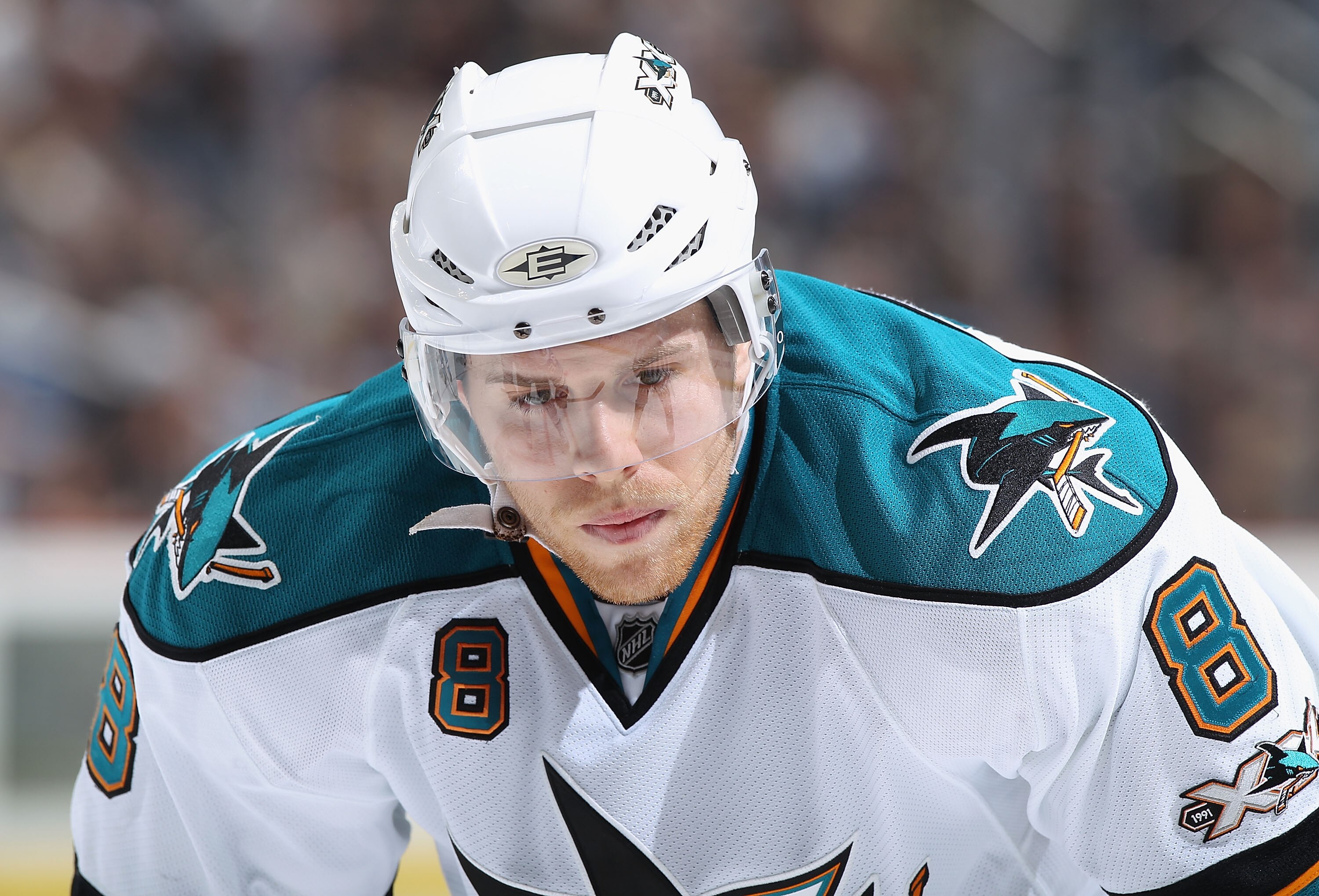 PITTSBURGH, PA - FEBRUARY 23:  Joe Pavelski #8 of the San Jose Sharks during the NHL game against the Pittsburgh Penguins at Consol Energy Center on February 23, 2011 in Pittsburgh, Pennsylvania. The Sharks defeated the Penguins 3-2 in overtime.  (Photo b