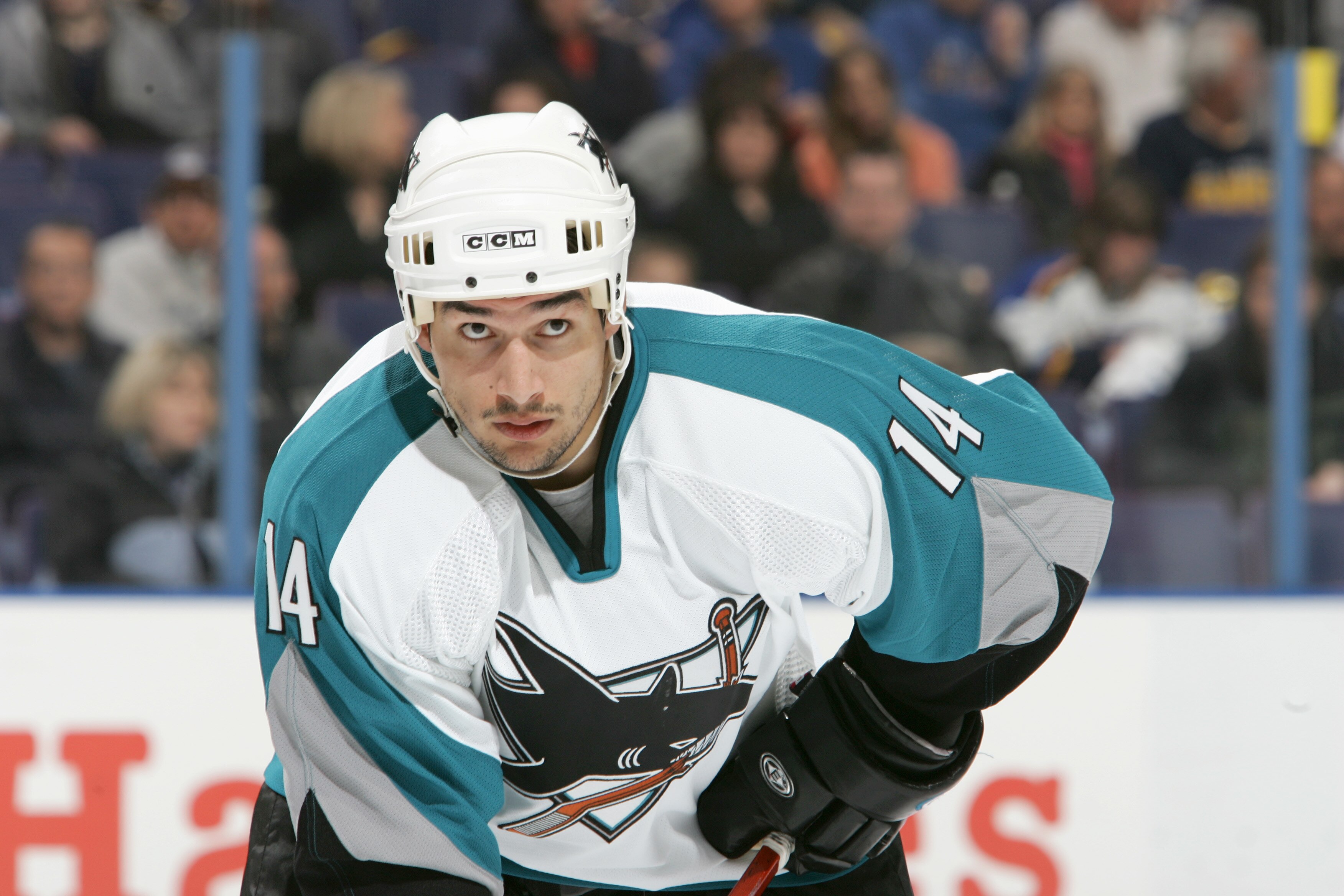 ST. LOUIS, MISSOURI - MARCH 21: Jonathan Cheechoo #14 of the San Jose Sharks waits on the ice during the game against the St. Louis Blues on March 21,2006 at the Savvis Center in St. Louis, Missouri. The San Jose Sharks defeated the St. Louis Blues 6-0(Ph