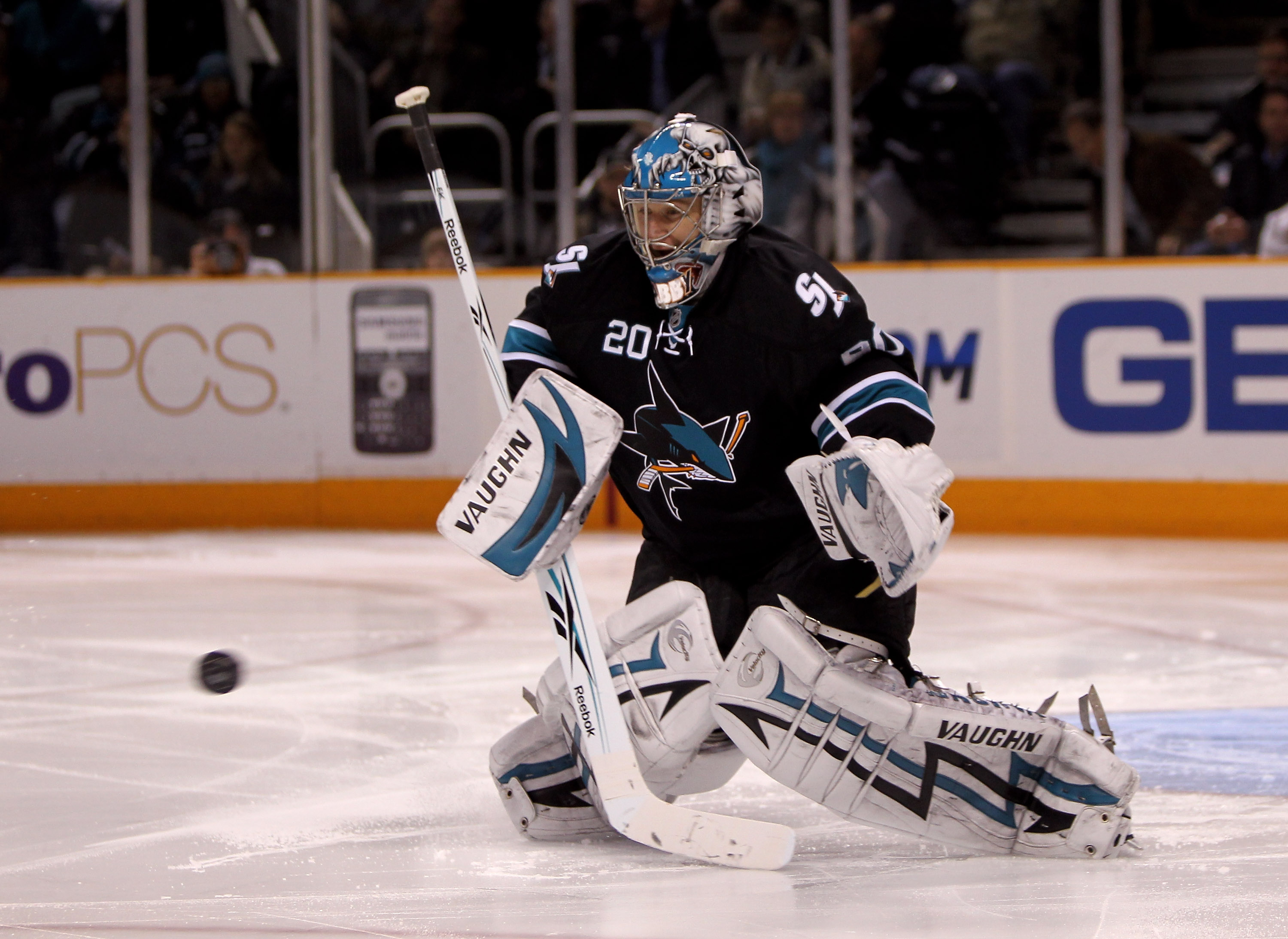 SAN JOSE, CA - JANUARY 21:  Evgeni Nabokov #20 of the San Jose Sharks makes a save during their game against the Anaheim Ducks at HP Pavilion on January 21, 2010 in San Jose, California.  (Photo by Ezra Shaw/Getty Images)