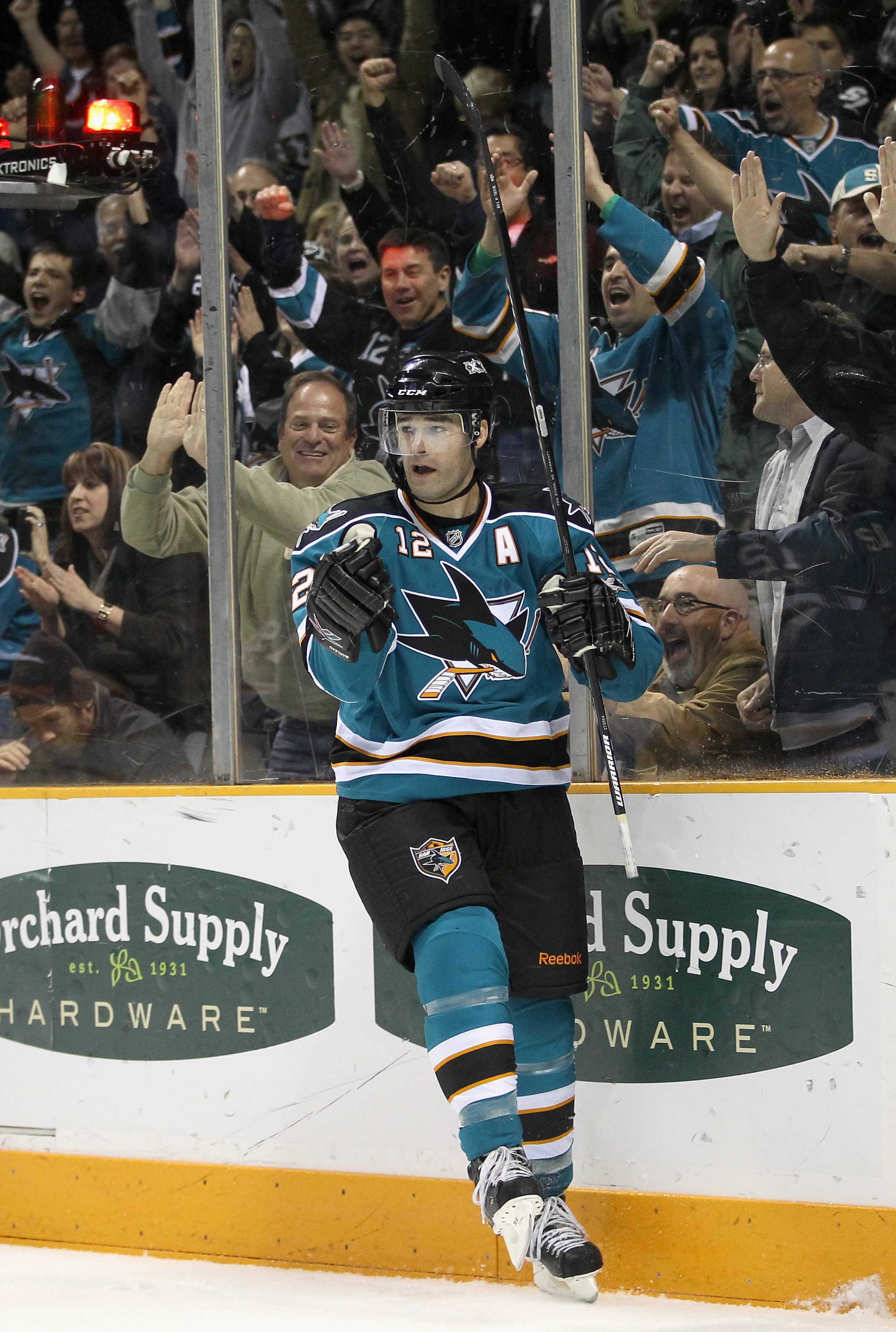 SAN JOSE, CA - MARCH 23:  Patrick Marleau #12 of the San Jose Sharks celebrates after he scored his second goal against the Calgary Flames after he scored a goal at the HP Pavilion on March 23, 2011 in San Jose, California.  (Photo by Ezra Shaw/Getty Imag