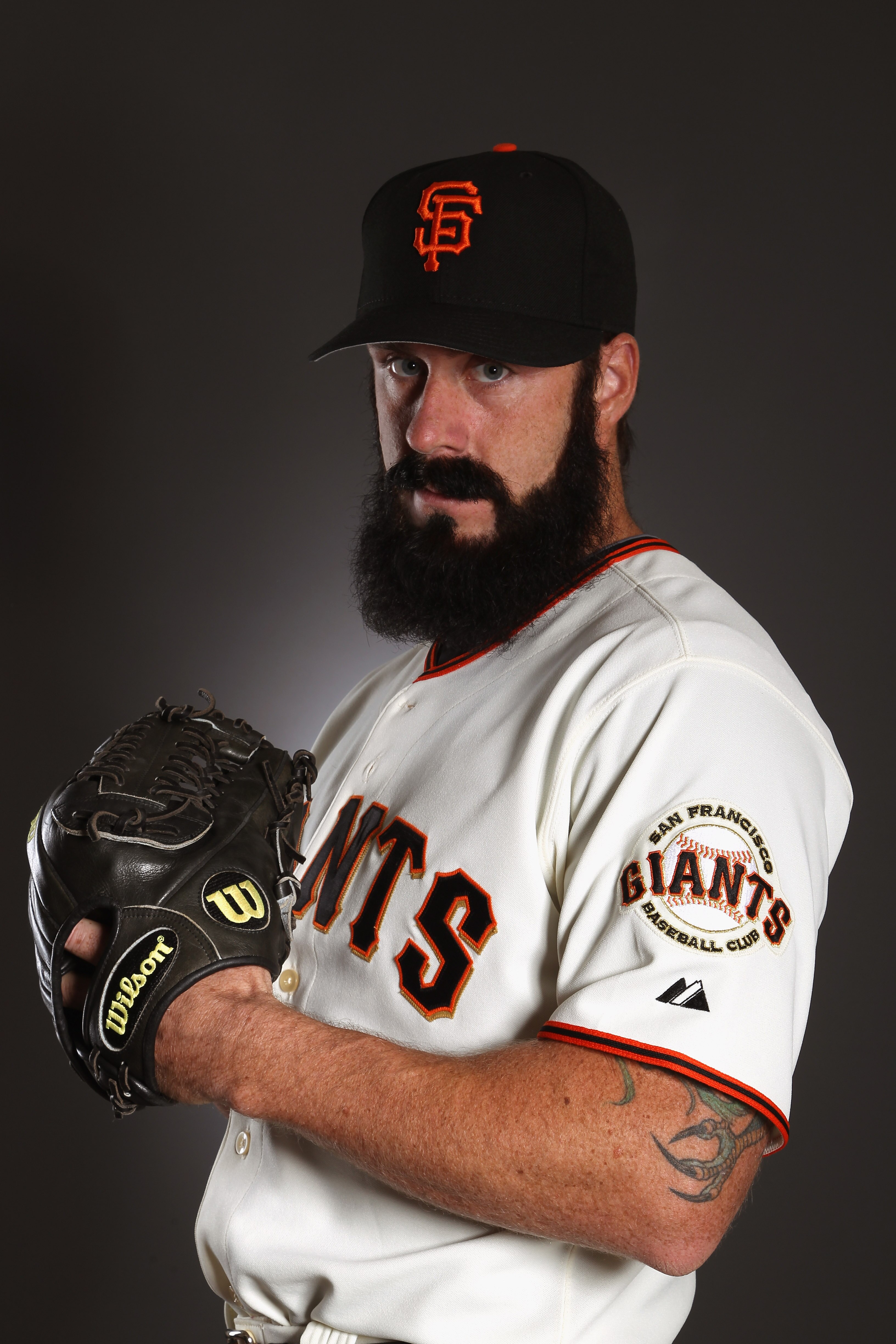 SCOTTSDALE, AZ - FEBRUARY 23:  Brian Wilson #38 of the San Francisco Giants poses for a portrait during media photo day at Scottsdale Stadium on February 23, 2011 in Scottsdale, Arizona.  (Photo by Ezra Shaw/Getty Images)