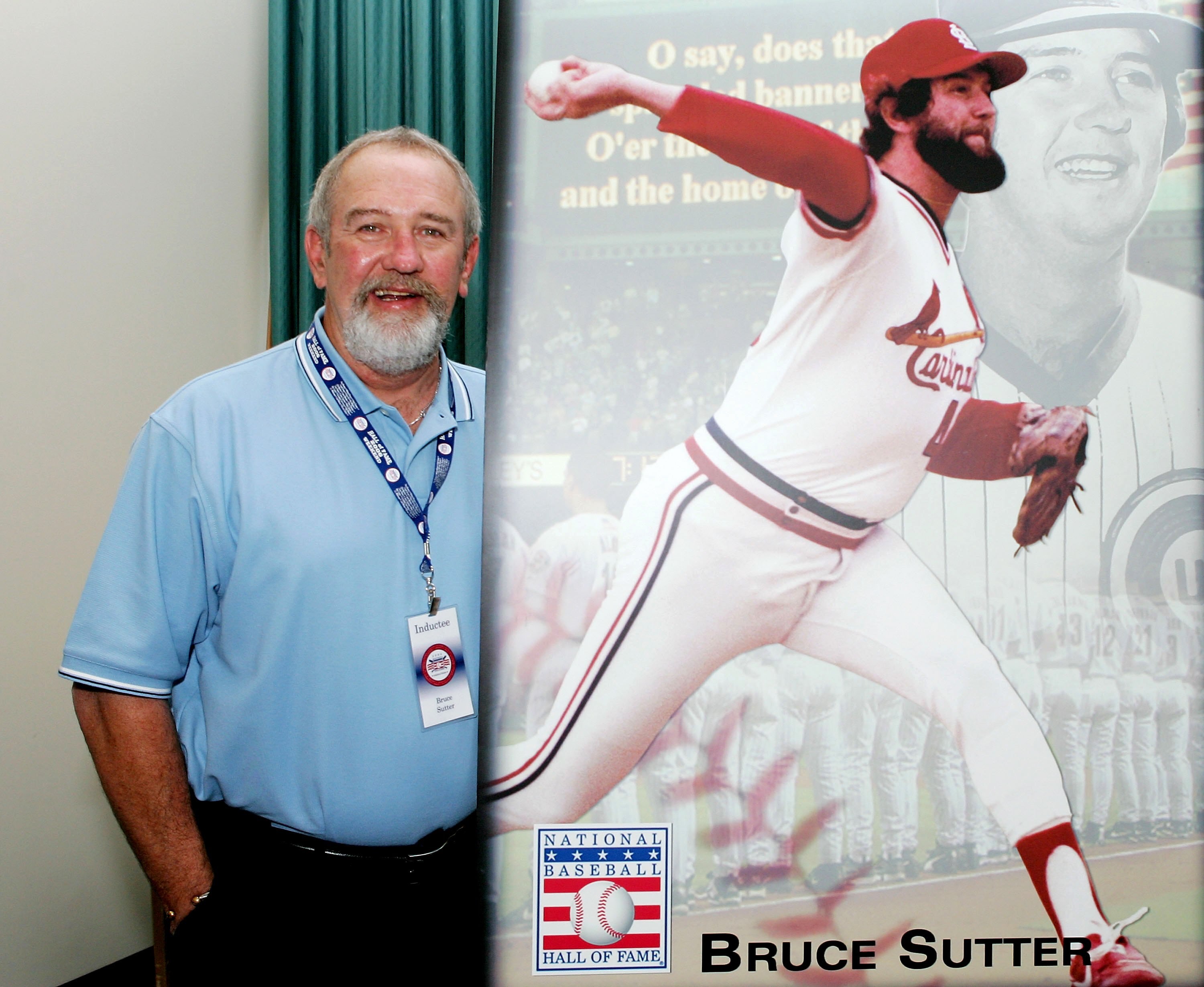 COOPERSTOWN, NY - JULY 29:  2006 Hall of Fame inductee Bruce Sutter poses next to a picture of himself after a press conference at Bassett Hall during the Baseball Hall of Fame weekend on July 29, 2006 in Cooperstown, New York.  (Photo by Jim McIsaac/Gett