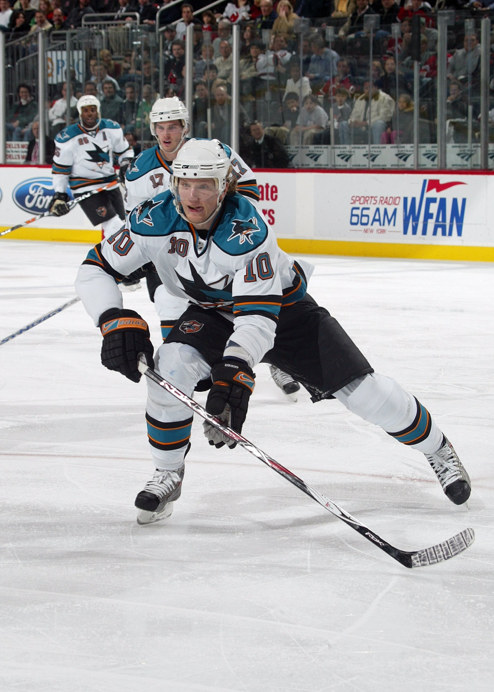 NEWARK, NJ - FEBRUARY 20:  Christian Ehrhoff #10 of the San Jose Sharks skates against the New Jersey Devils on February 20, 2008 at the Prudential Center in Newark, New Jersey. The Devils defeated the Sharks 3-2.  (Photo by Bruce Bennett/Getty Images)