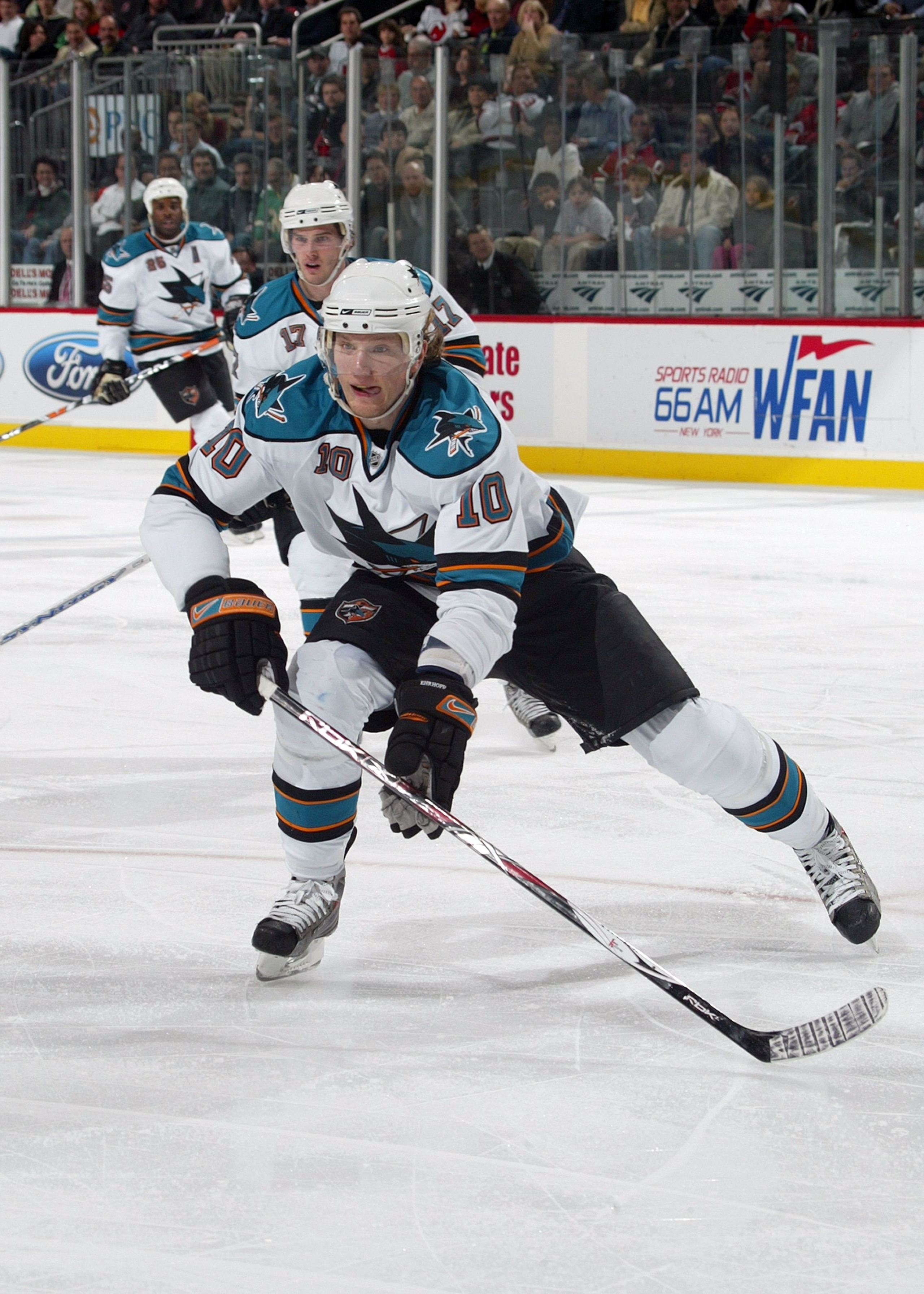 NEWARK, NJ - FEBRUARY 20:  Christian Ehrhoff #10 of the San Jose Sharks skates against the New Jersey Devils on February 20, 2008 at the Prudential Center in Newark, New Jersey. The Devils defeated the Sharks 3-2.  (Photo by Bruce Bennett/Getty Images)