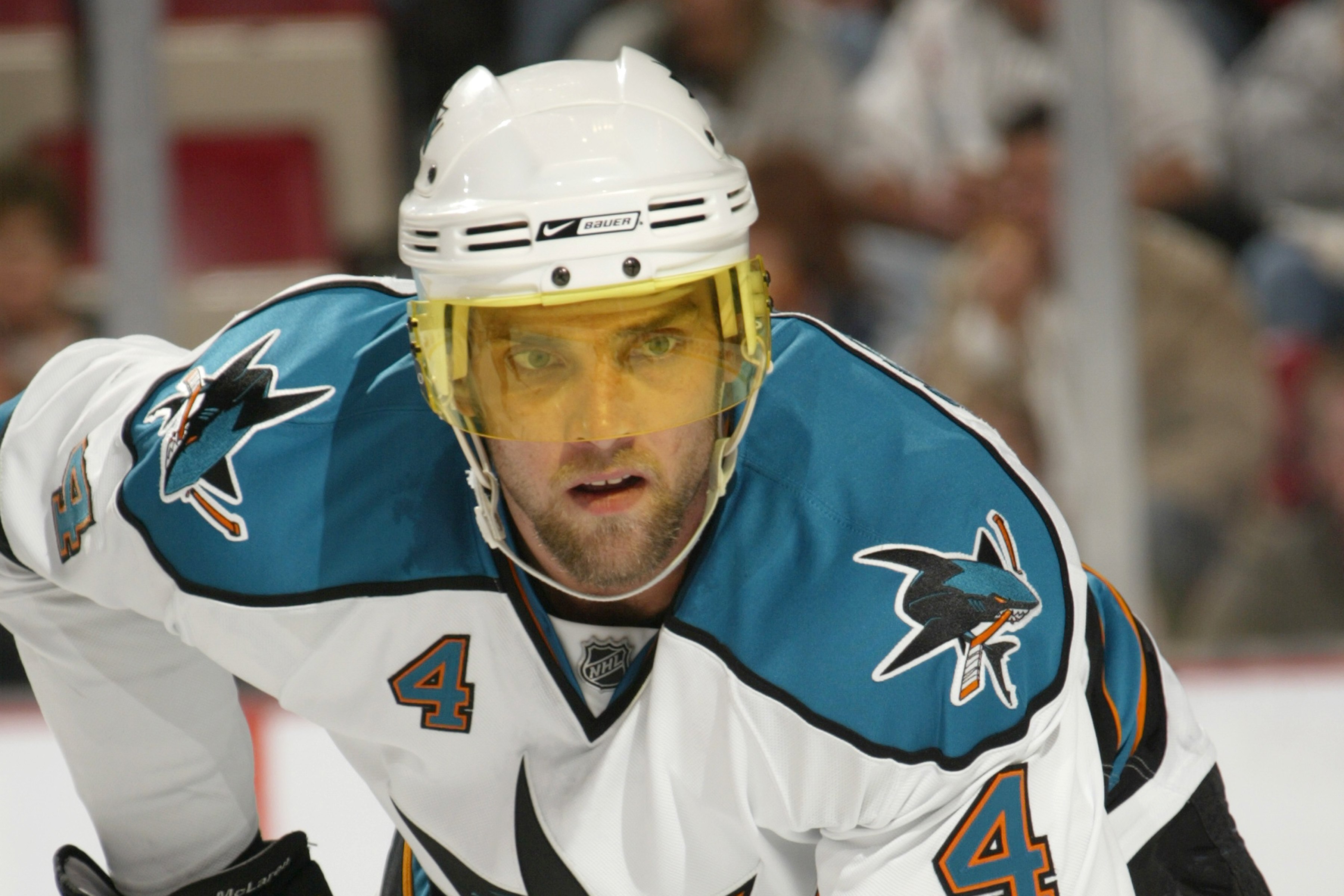 DETROIT - OCTOBER 26:  Kyle McLaren #4 of San Jose Sharks skates during the NHL game against the Detroit Red Wings at the Joe Louis Arena on October 26, 2007 in Detroit, Michigan. (Photo by Dave Sandford/Getty Images)