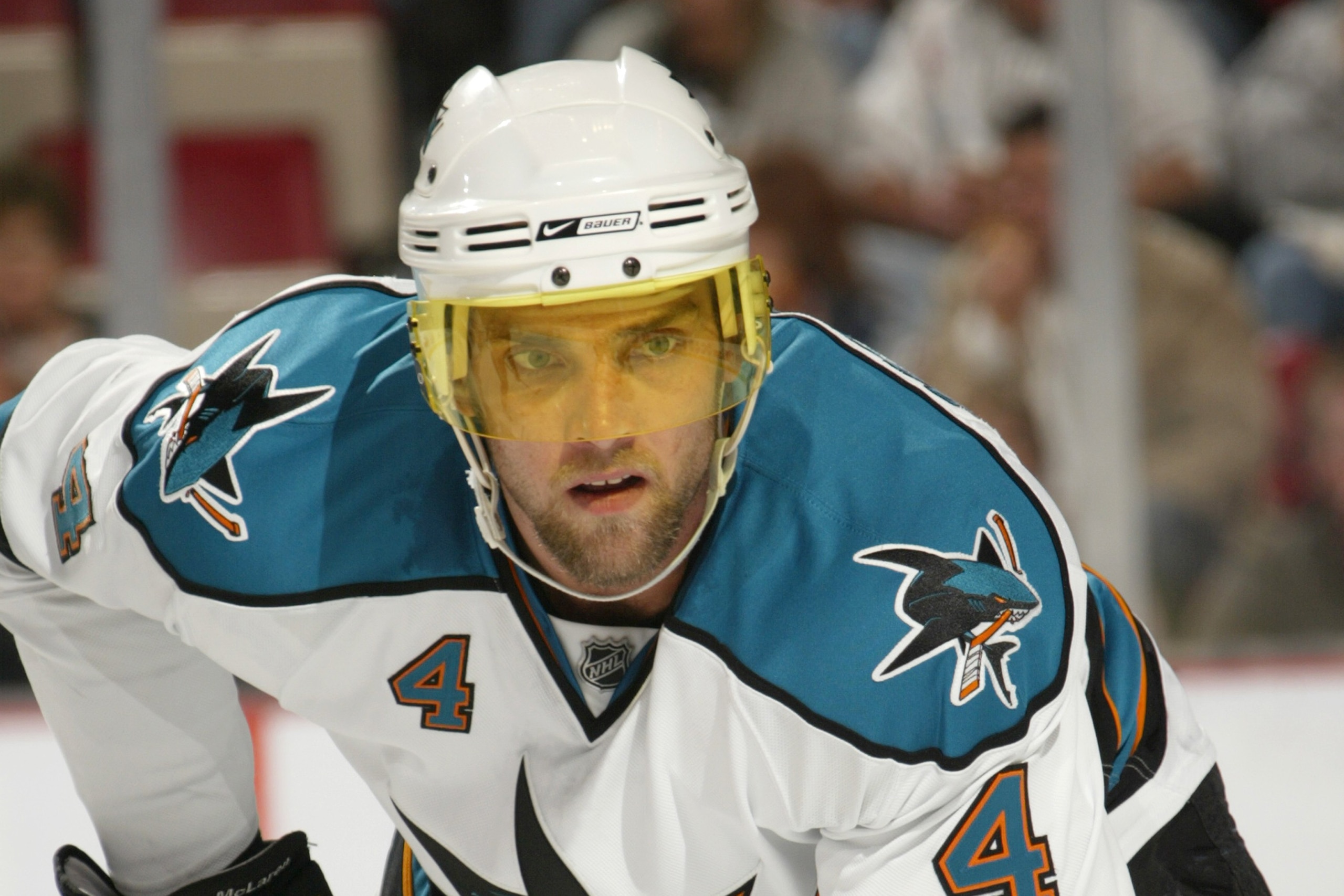 DETROIT - OCTOBER 26:  Kyle McLaren #4 of San Jose Sharks skates during the NHL game against the Detroit Red Wings at the Joe Louis Arena on October 26, 2007 in Detroit, Michigan. (Photo by Dave Sandford/Getty Images)