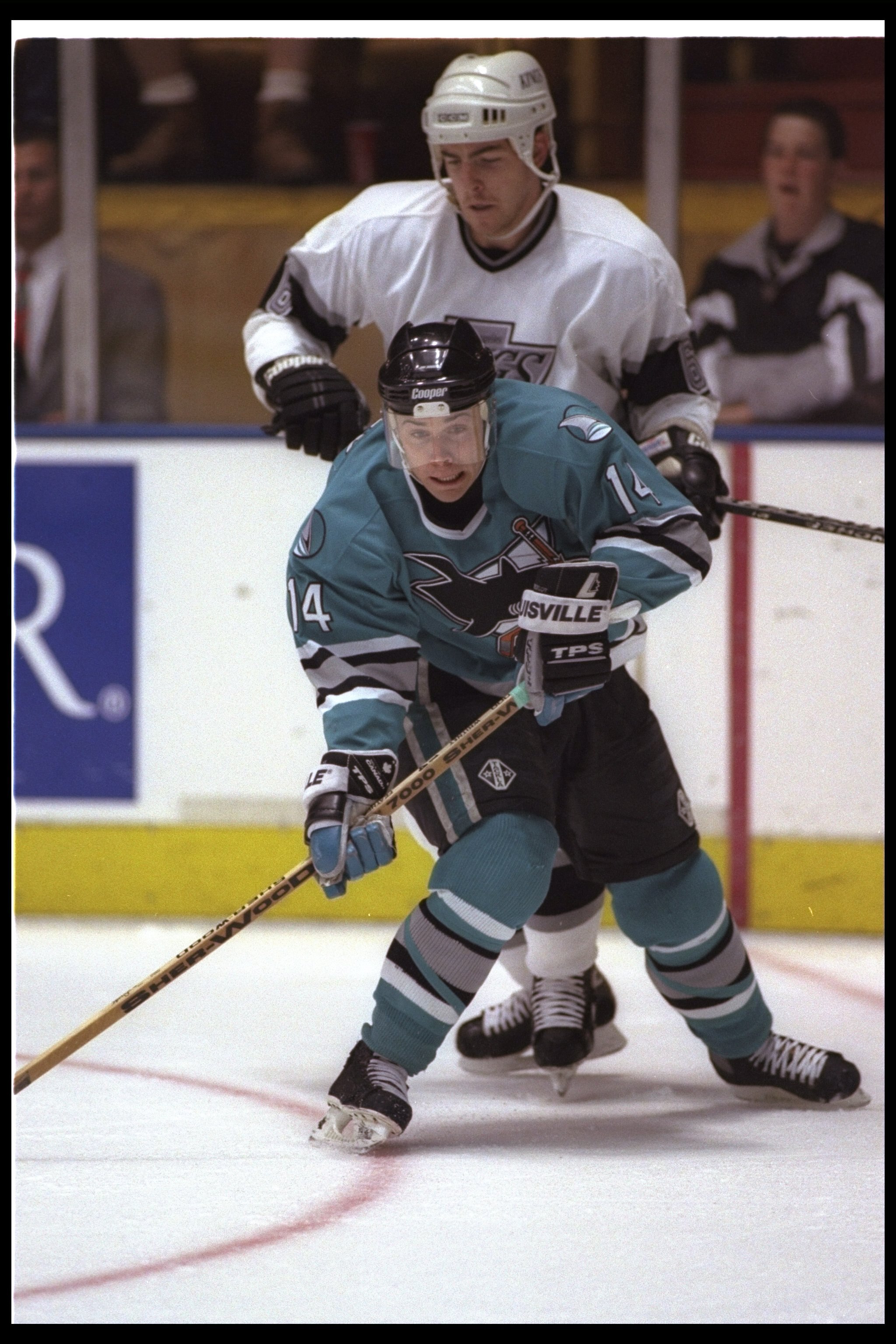 10 Apr 1996: Center Ray Whitney of the San Jose Sharks works against the Los Angeles Kings during a game at the Great Western Forum in Inglewood, California. The Kings won the game, 5-2.