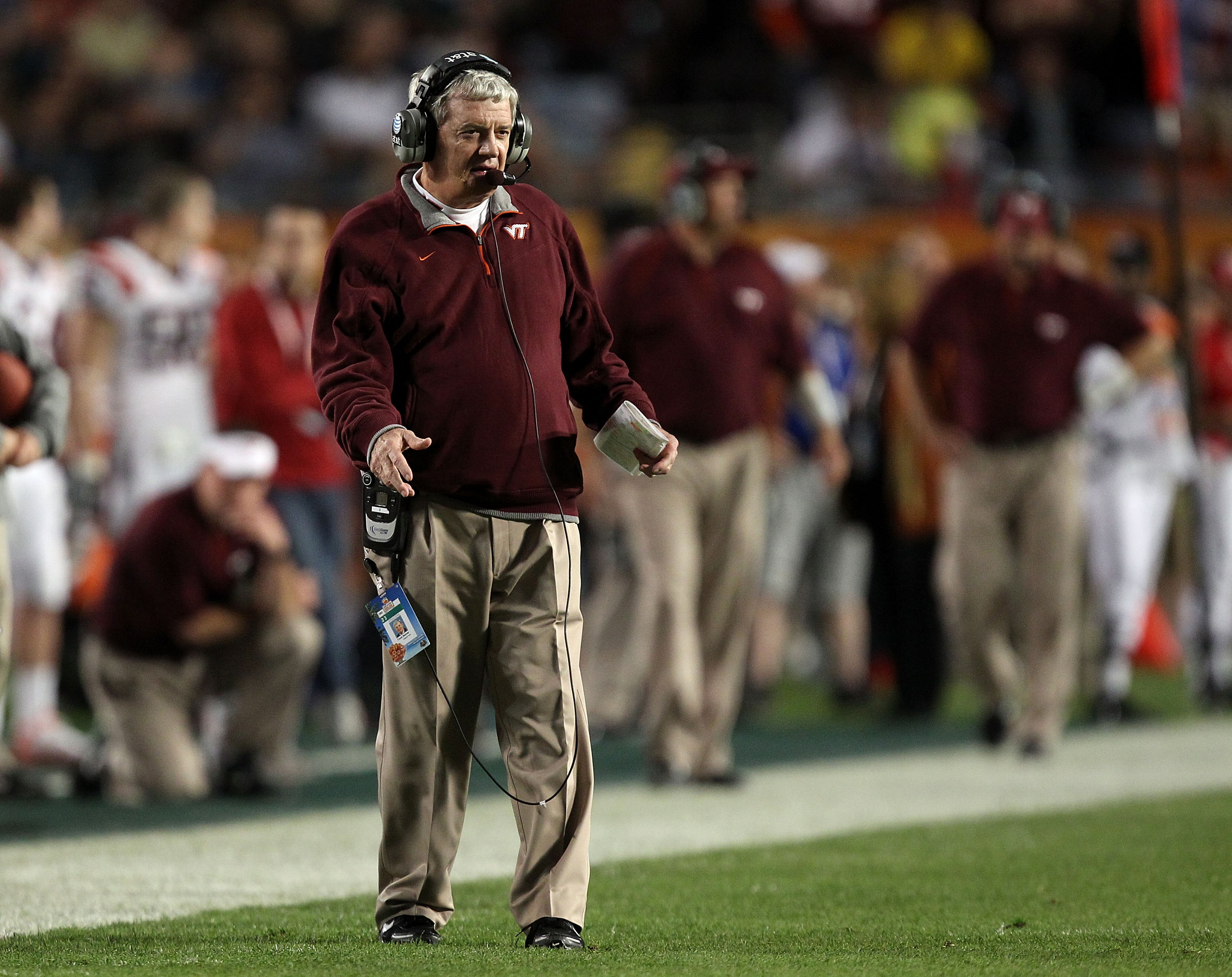 MIAMI, FL - JANUARY 03: Head coach Frank Beamer of the Virginia Tech Hokies looks on against the Stanford Cardinal during the 2011 Discover Orange Bowl at Sun Life Stadium on January 3, 2011 in Miami, Florida. Stanford won 40-12. (Photo by Streeter Lecka/