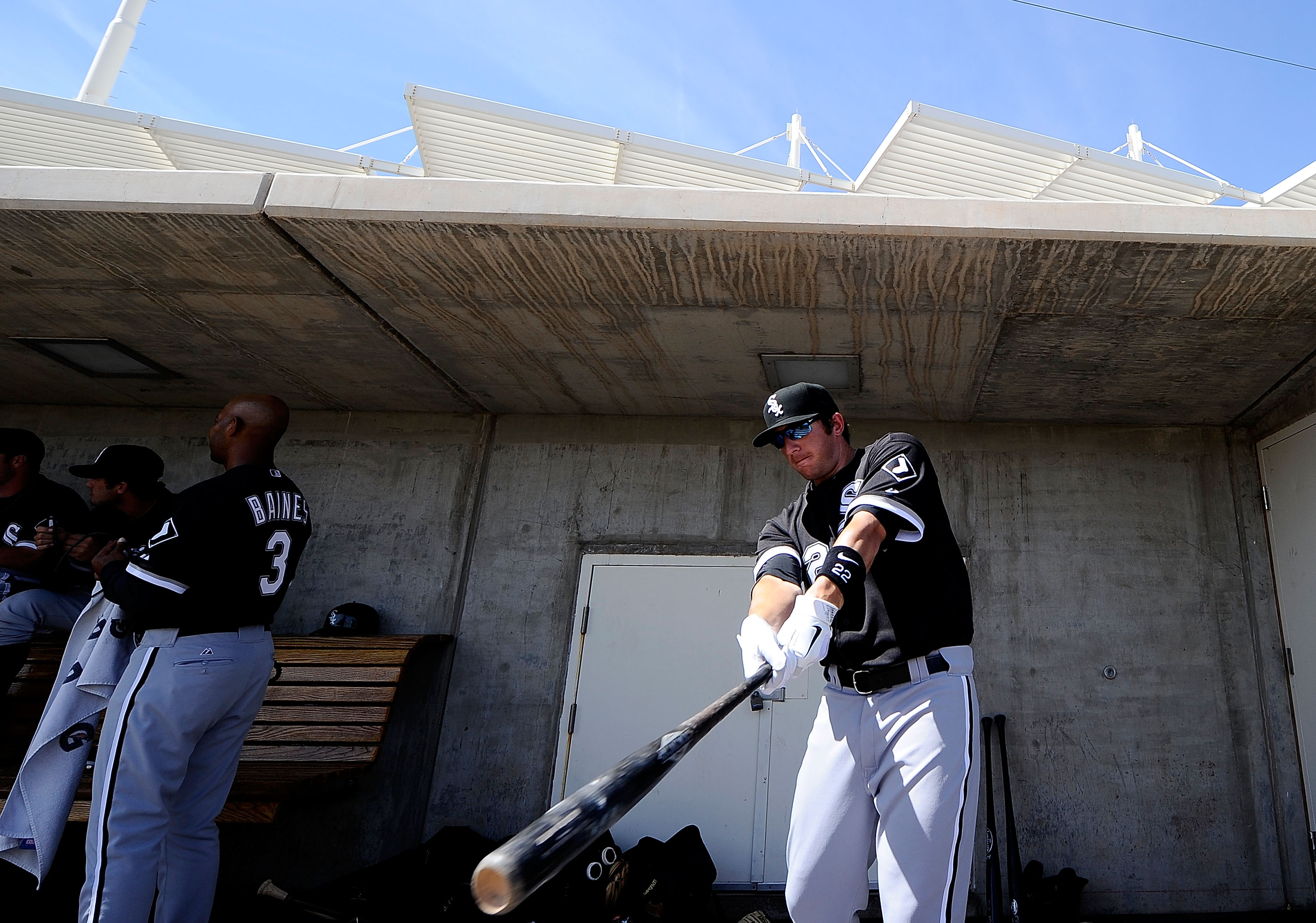 PHOENIX, AZ - MARCH 17:  Brent Morel #22 of the Chicago White Sox warms up before playing against the Milwaukee Brewers during the spring training game at Maryvale Baseball Park on March 17, 2011 in Phoenix, Arizona.  (Photo by Kevork Djansezian/Getty Ima