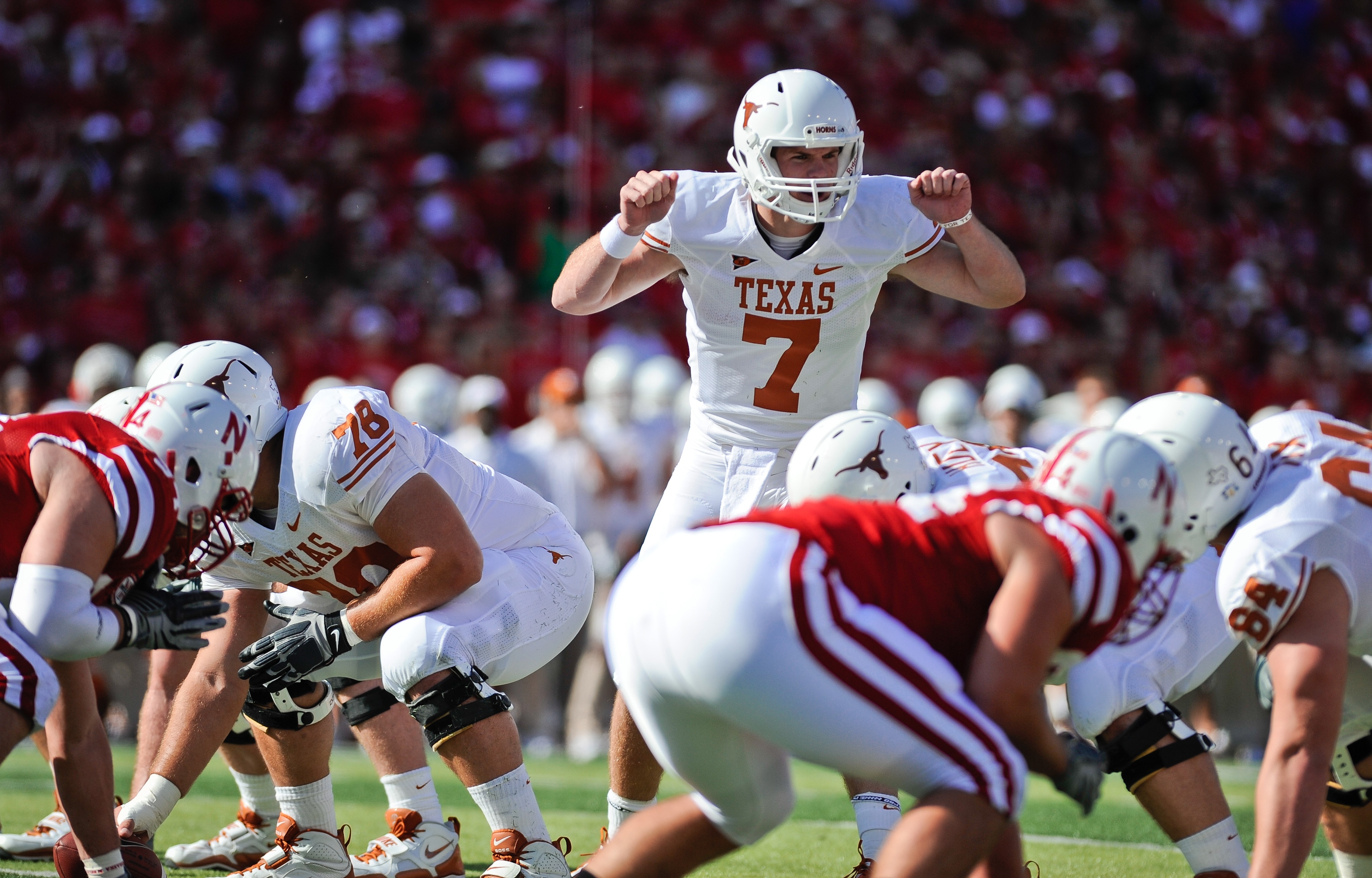 LINCOLN, NE - OCTOBER 16: Quarterback Garrett Gilbert #7 of the Texas Longhorns during first half action of their game at Memorial Stadium on October 16, 2010 in Lincoln, Nebraska. Texas Defeated Nebraska 20-13. (Photo by Eric Francis/Getty Images)