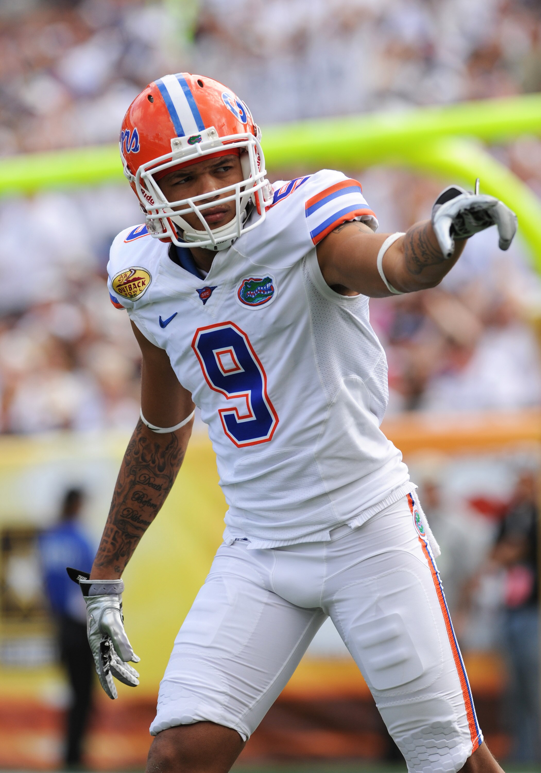 TAMPA, FL - JANUARY 1:  Wide receiver Carl Moore #9 of the Florida Gators lines up for play against the Penn State Nittany Lions January 1, 2011 in the 25th Outback Bowl at Raymond James Stadium in Tampa, Florida.  (Photo by Al Messerschmidt/Getty Images)