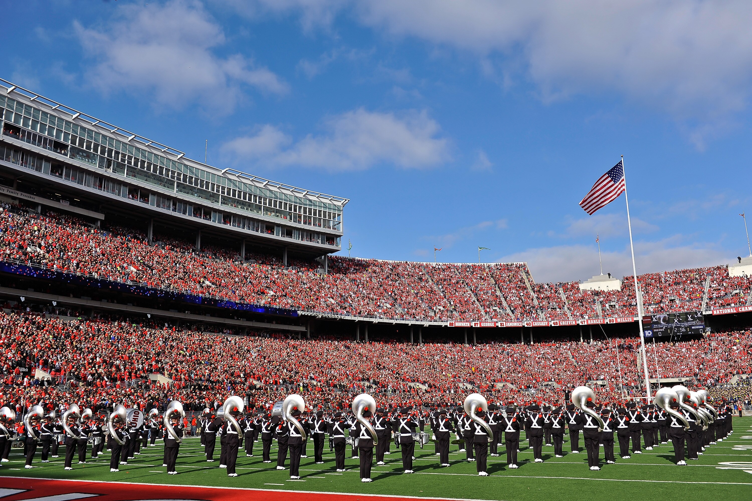COLUMBUS, OH - NOVEMBER 27:  The Ohio State University Marching Band performs the U.S. National Anthem before a game against the Michigan Wolverines at Ohio Stadium on November 27, 2010 in Columbus, Ohio.  (Photo by Jamie Sabau/Getty Images)