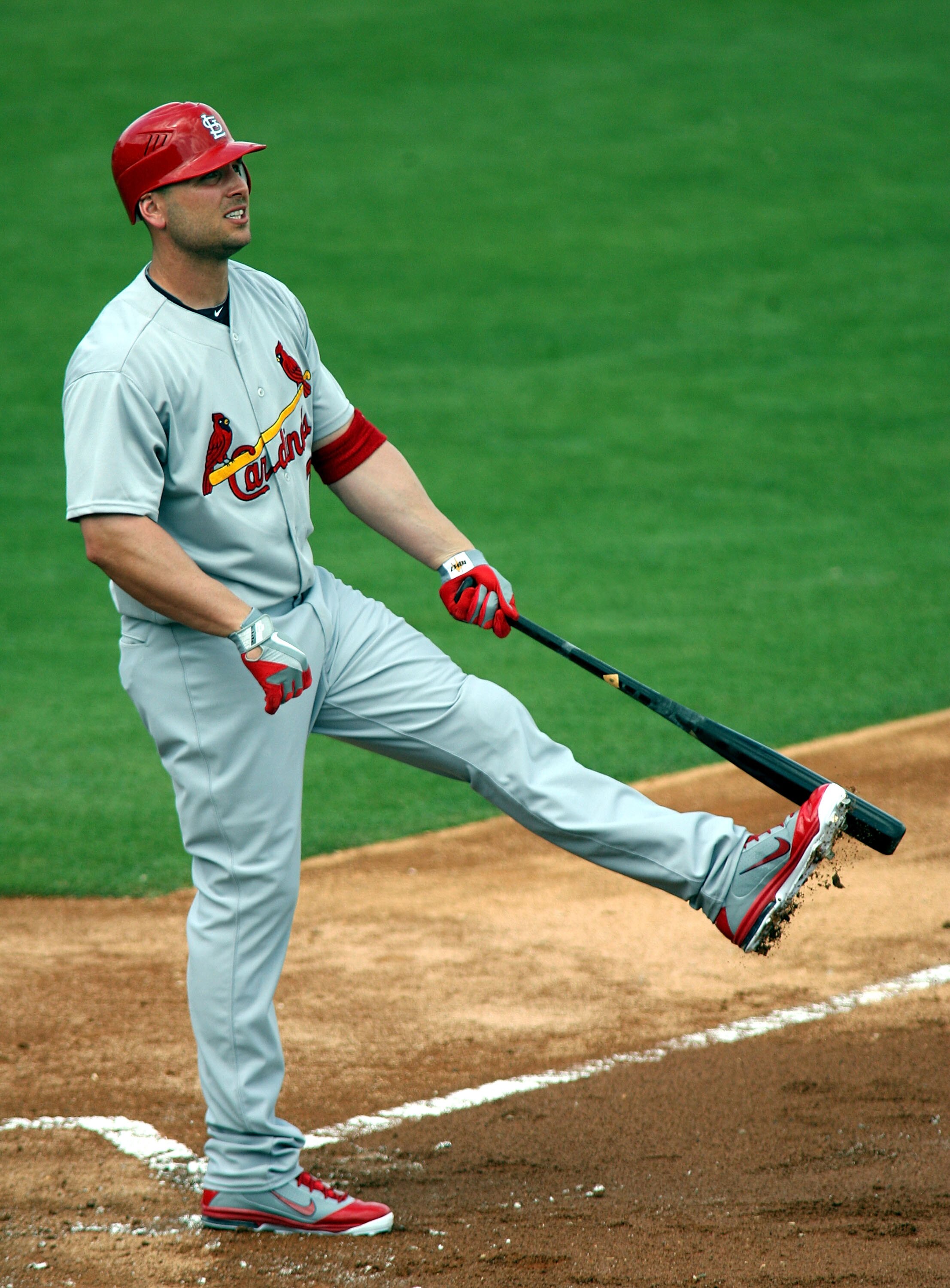 JUPITER, FL - MARCH 01:  Matt Holliday #7 of the St. Louis Cardinals watches a foul ball against the Florida Marlins at Roger Dean Stadium on March 1, 2011 in Jupiter, Florida.  (Photo by Marc Serota/Getty Images)