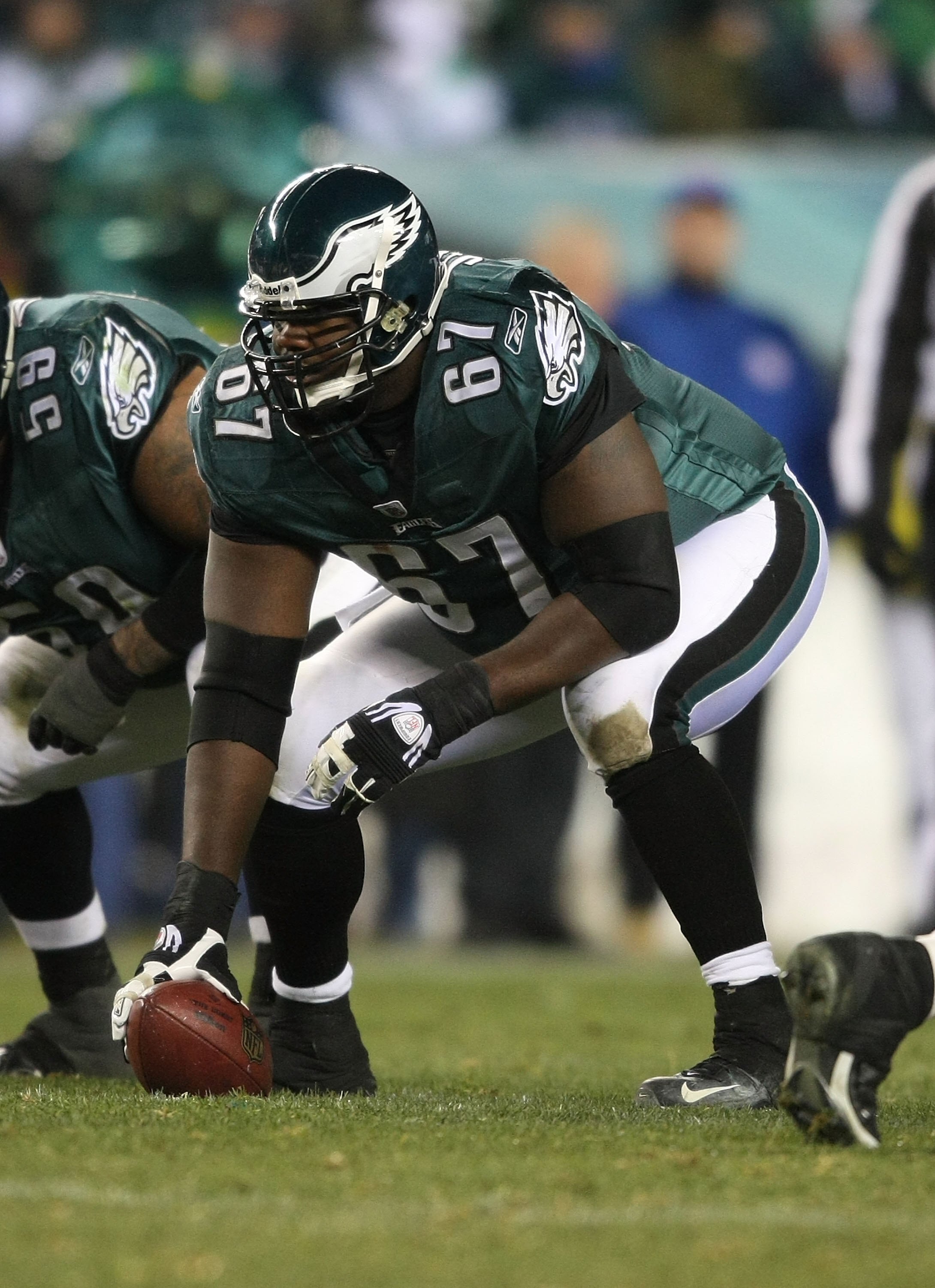 PHILADELPHIA - DECEMBER 20: Jamaal Jackson #67 of the Philadelphia Eagles Eagles lines up against the San Francisco 49ers at Lincoln Financial Field on December 20, 2009 in Philadelphia, Pennsylvania.  (Photo by Nick Laham/Getty Images)