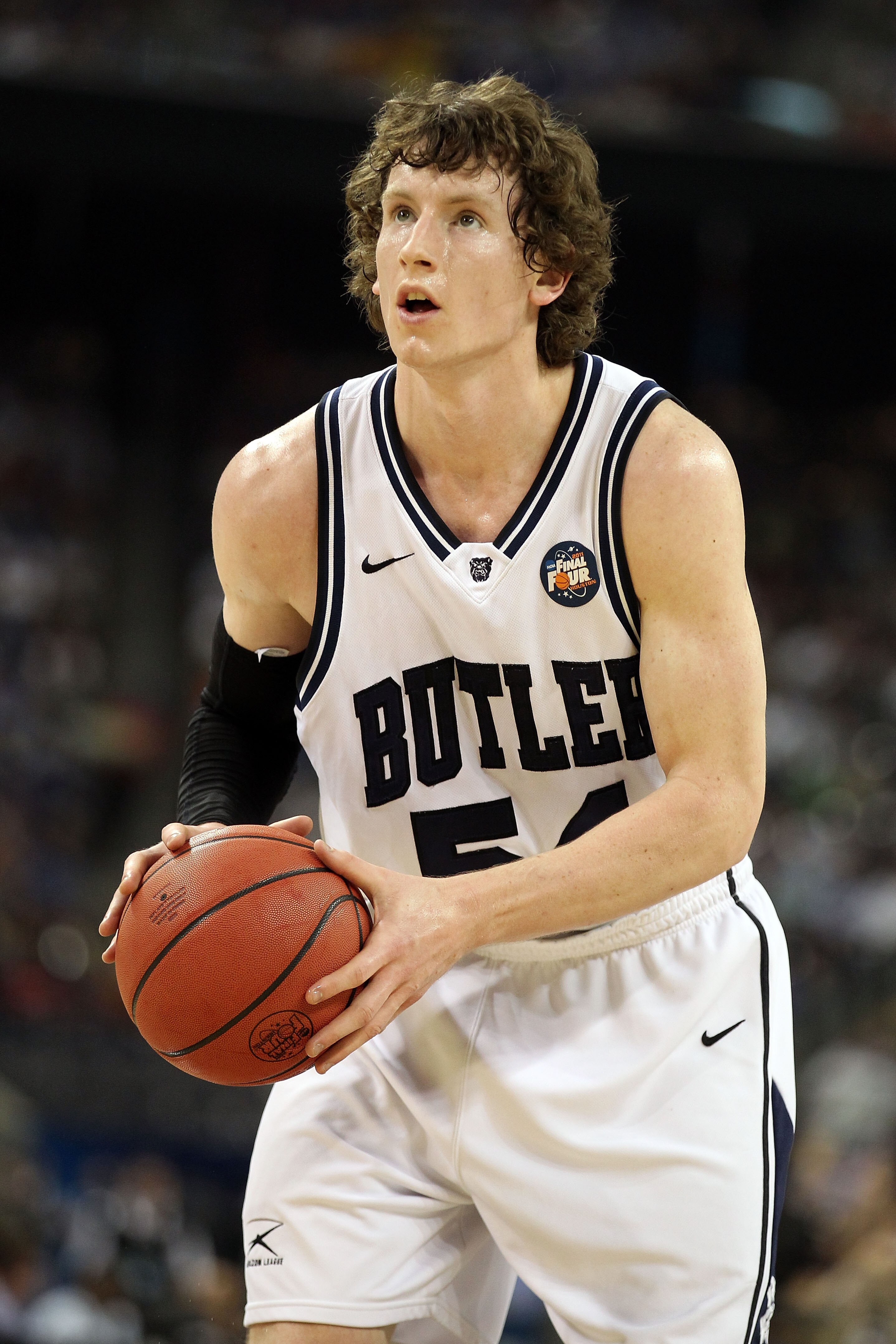 HOUSTON, TX - APRIL 02:  Matt Howard #54 of the Butler Bulldogs shoots a free throw while taking on the Virginia Commonwealth Rams during the National Semifinal game of the 2011 NCAA Division I Men's Basketball Championship at Reliant Stadium on April 2,