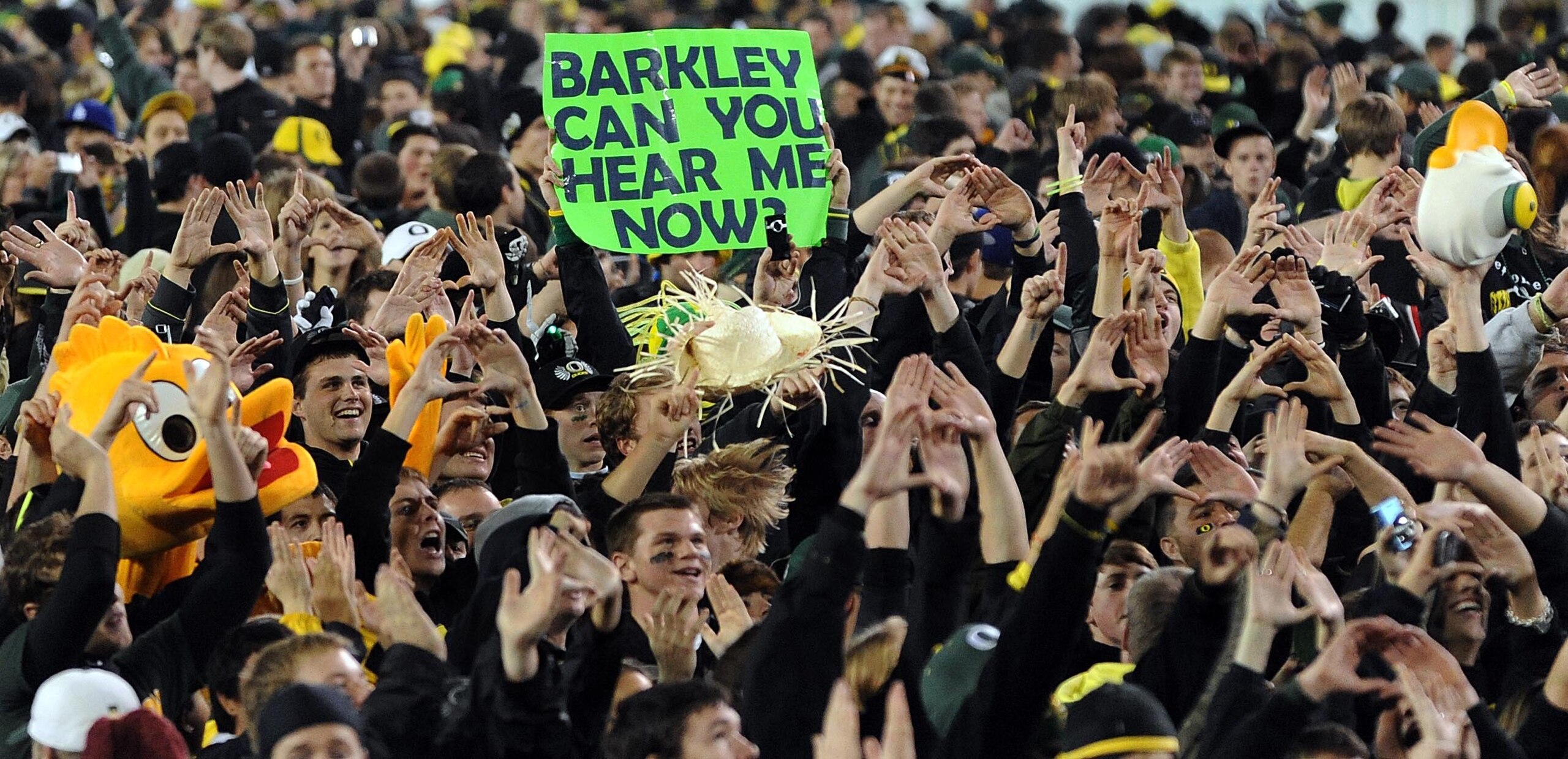 EUGENE, OR - OCTOBER 31: Oregon Ducks fans celebrate the Ducks victory on a Halloween night game against the USC Trojans at Autzen Stadium on October 31, 2009 in Eugene, Oregon. The crowd noise at Autzen Stadium is said to be one of the loudest in the nat