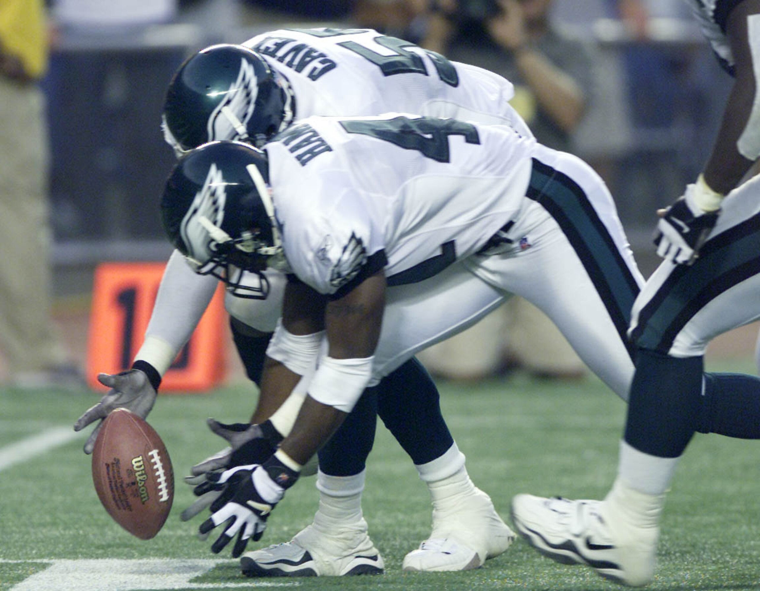 9 SEP 01: William Hampton # 41 and Quinton Caver # 55 of the Philadelphia Eagles try to recover a fumble near the goal line at the end of the fourth quarter during the game against the St. Louis Rams at Veterans Stadium in Philadelphia, Pennsylvania. DIGI
