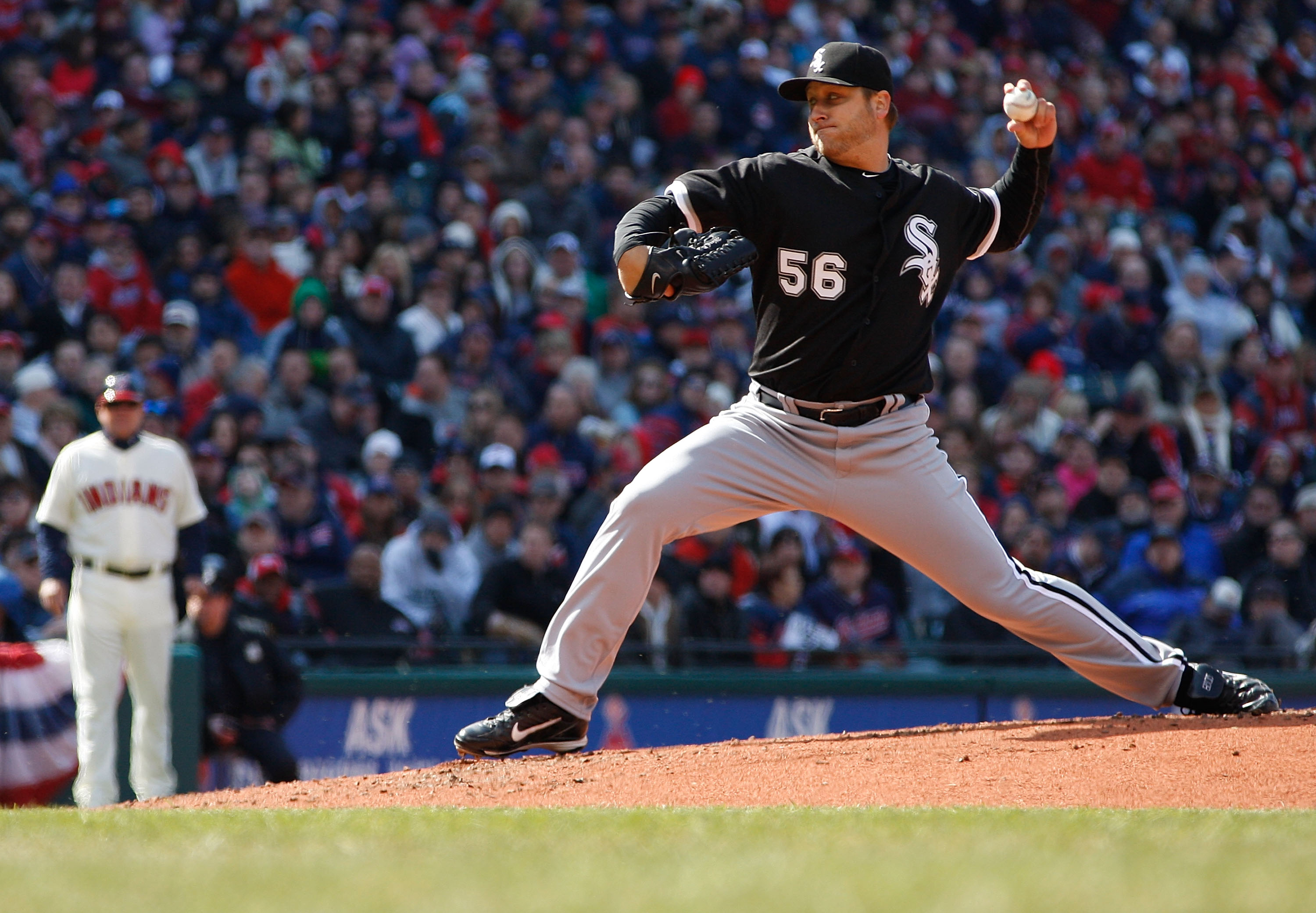 CLEVELAND - APRIL 01:  Mark Buehrle #56 of the Chicago White Sox pitches against  the Cleveland Indians during the Opening Day game on April 1, 2011 at Progressive Field in Cleveland, Ohio.  (Photo by Jared Wickerham/Getty Images)