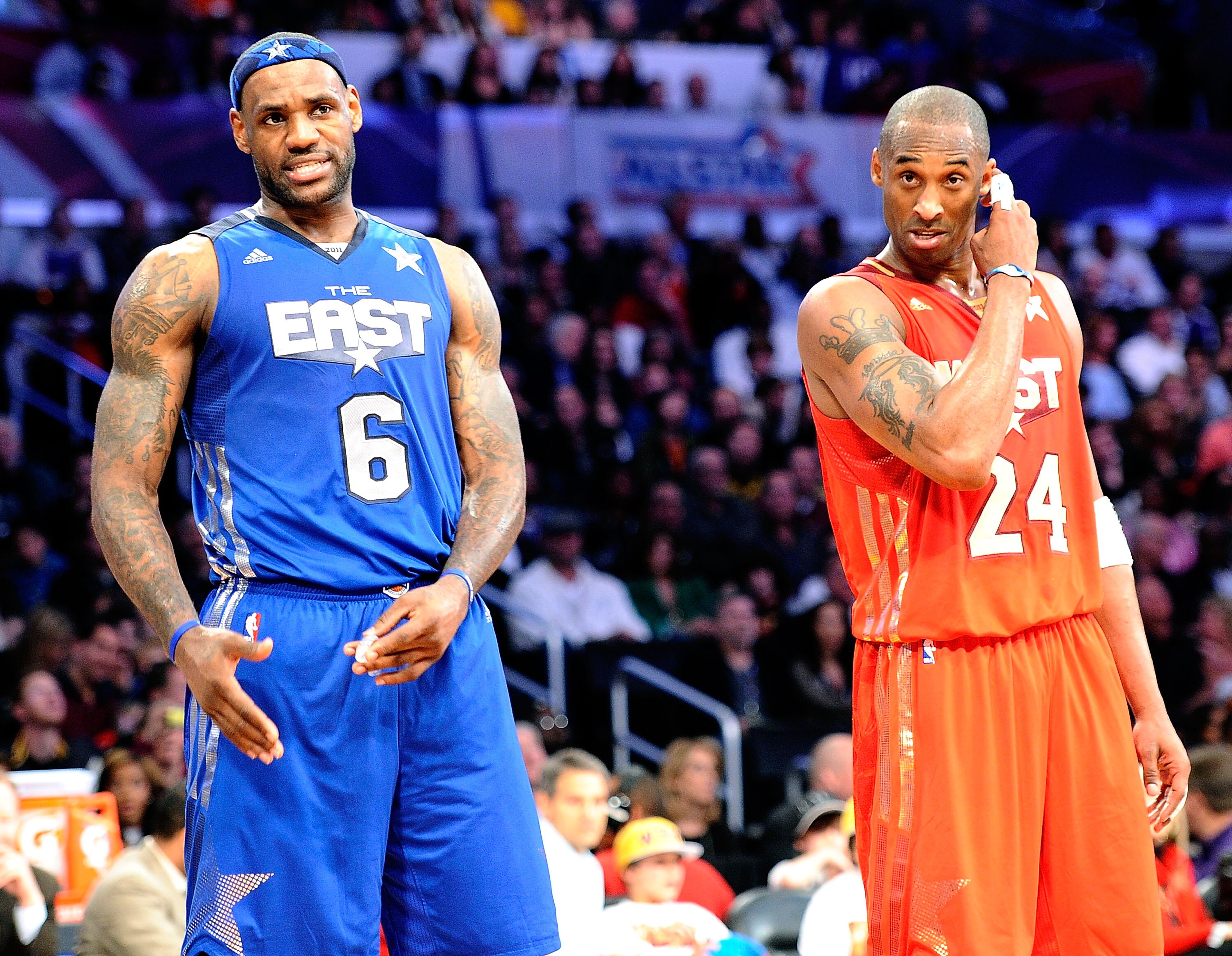 LOS ANGELES, CA - FEBRUARY 20:  LeBron James #6 of the Miami Heat and the Eastern Conference stands with Kobe Bryant #24 of the Los Angeles Lakers and the Western Conference in the 2011 NBA All-Star Game at Staples Center on February 20, 2011 in Los Angel