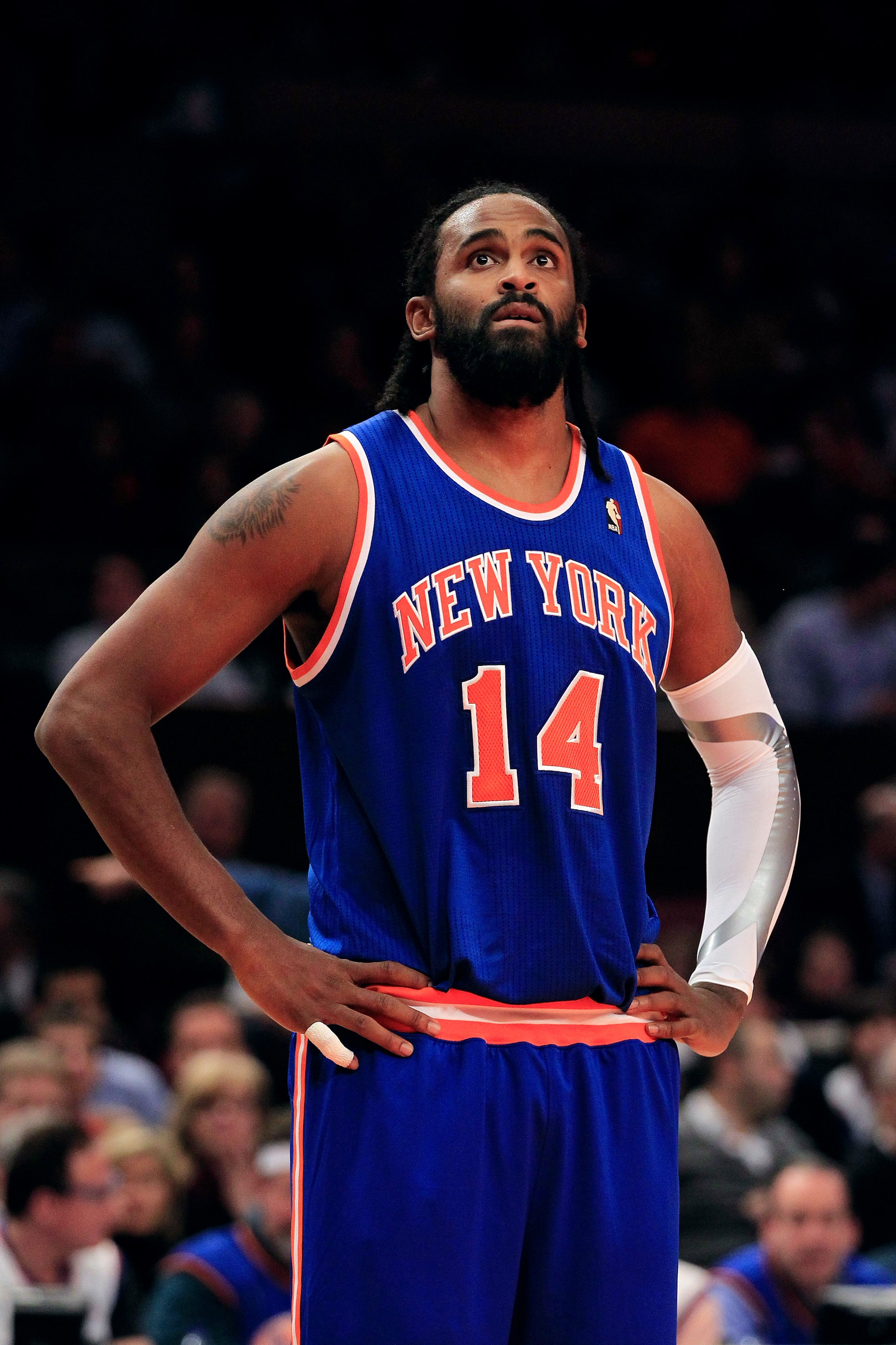 NEW YORK, NY - FEBRUARY 23:  Ronny Turiaf #14 of the New York Knicks on the court against the Milwaukee Bucks at Madison Square Garden on February 23, 2011 in New York City. NOTE TO USER: User expressly acknowledges and agrees that, by downloading and/or