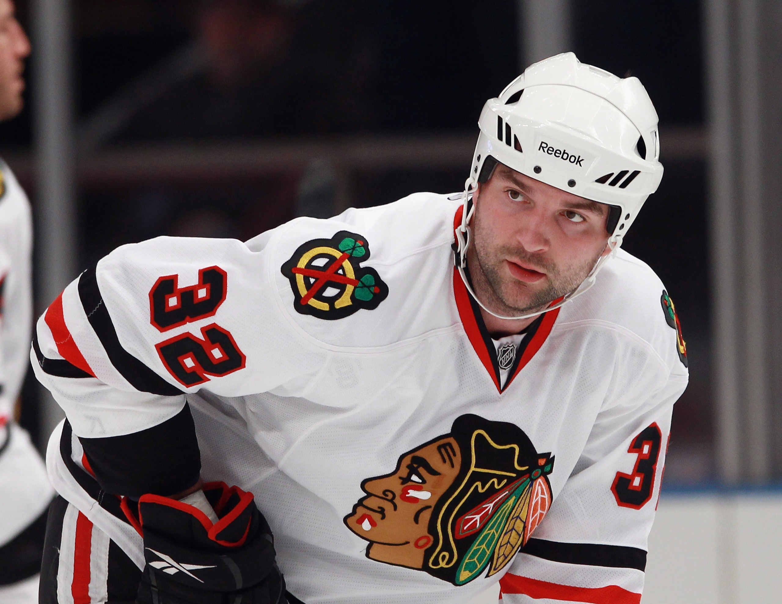 NEW YORK - NOVEMBER 01:  John Scott #32 of the Chicago Blackhawks skates against the New York Rangers at Madison Square Garden on November 1, 2010 in New York City. The Rangers defeated the Blackhawks 3-2.  (Photo by Bruce Bennett/Getty Images)