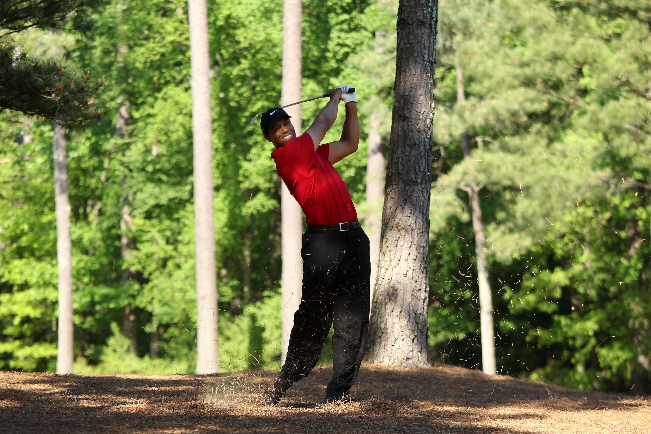 AUGUSTA, GA - APRIL 11: Tiger Woods plays a shot from the pine needles on the 13th hole during the final round of the 2010 Masters Tournament at Augusta National Golf Club on April 11, 2010 in Augusta, Georgia. (Photo by David Cannon/Getty Images) AUGUSTA, GA - APRIL 11: Tiger Woods plays a shot from the pine needles on the 13th hole during the final round of the 2010 Masters Tournament at Augusta National Golf Club on April 11, 2010 in Augusta, Georgia. (Photo by David Cannon/Getty Images)