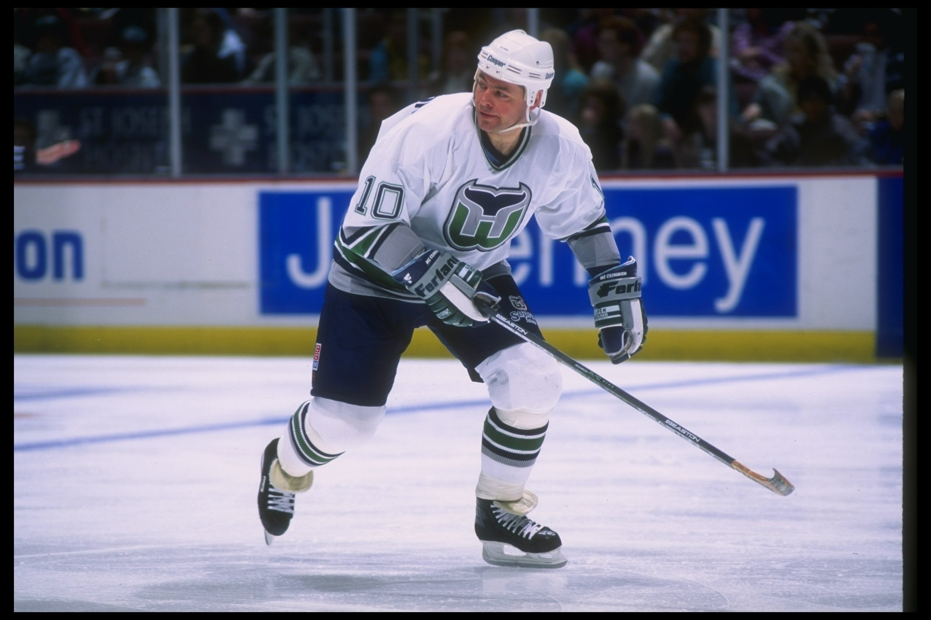 2 Feb 1996: Defenseman Brad McCrimmon of the Hartford Whalers moves down the ice during a game against the Anaheim Mighty Ducks at Arrowhead Pond in Anaheim, California. The Whalers won the game, 4-3.