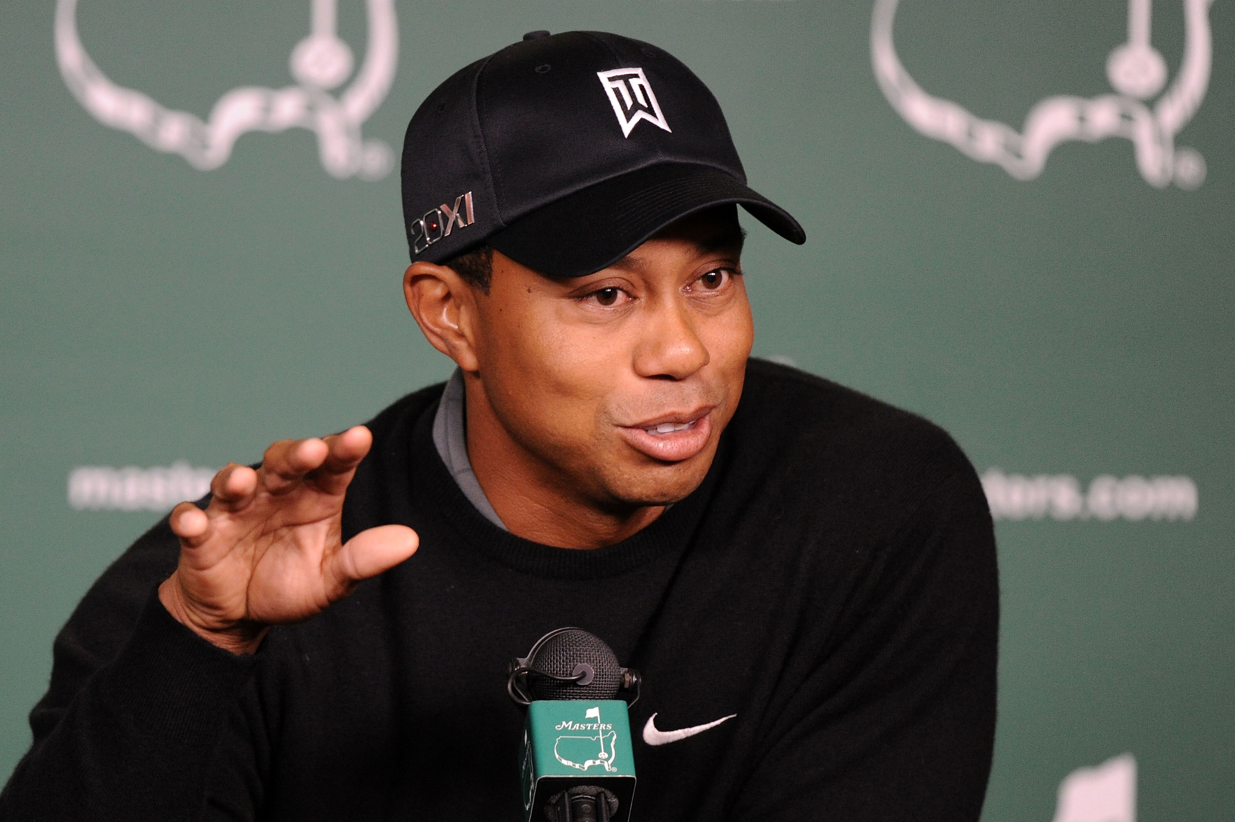 AUGUSTA, GA - APRIL 05:  Tiger Woods speaks to the media during a press conference during a practice round prior to the 2011 Masters Tournament at Augusta National Golf Club on April 5, 2011 in Augusta, Georgia.  (Photo by Harry How/Getty Images)
