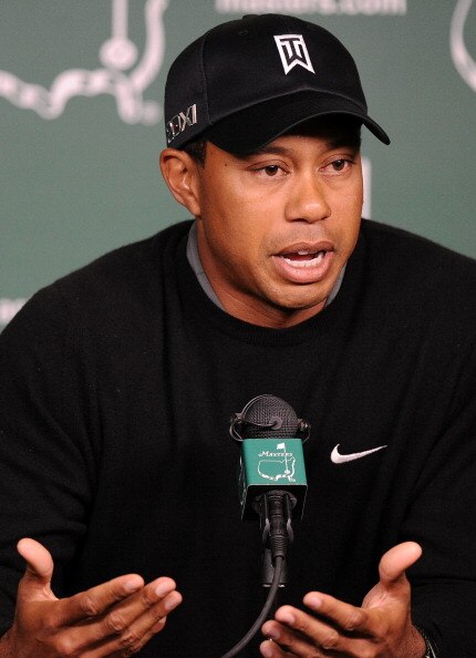 AUGUSTA, GA - APRIL 05:  Tiger Woods speaks to the media during a press conference during a practice round prior to the 2011 Masters Tournament at Augusta National Golf Club on April 5, 2011 in Augusta, Georgia.  (Photo by Harry How/Getty Images)